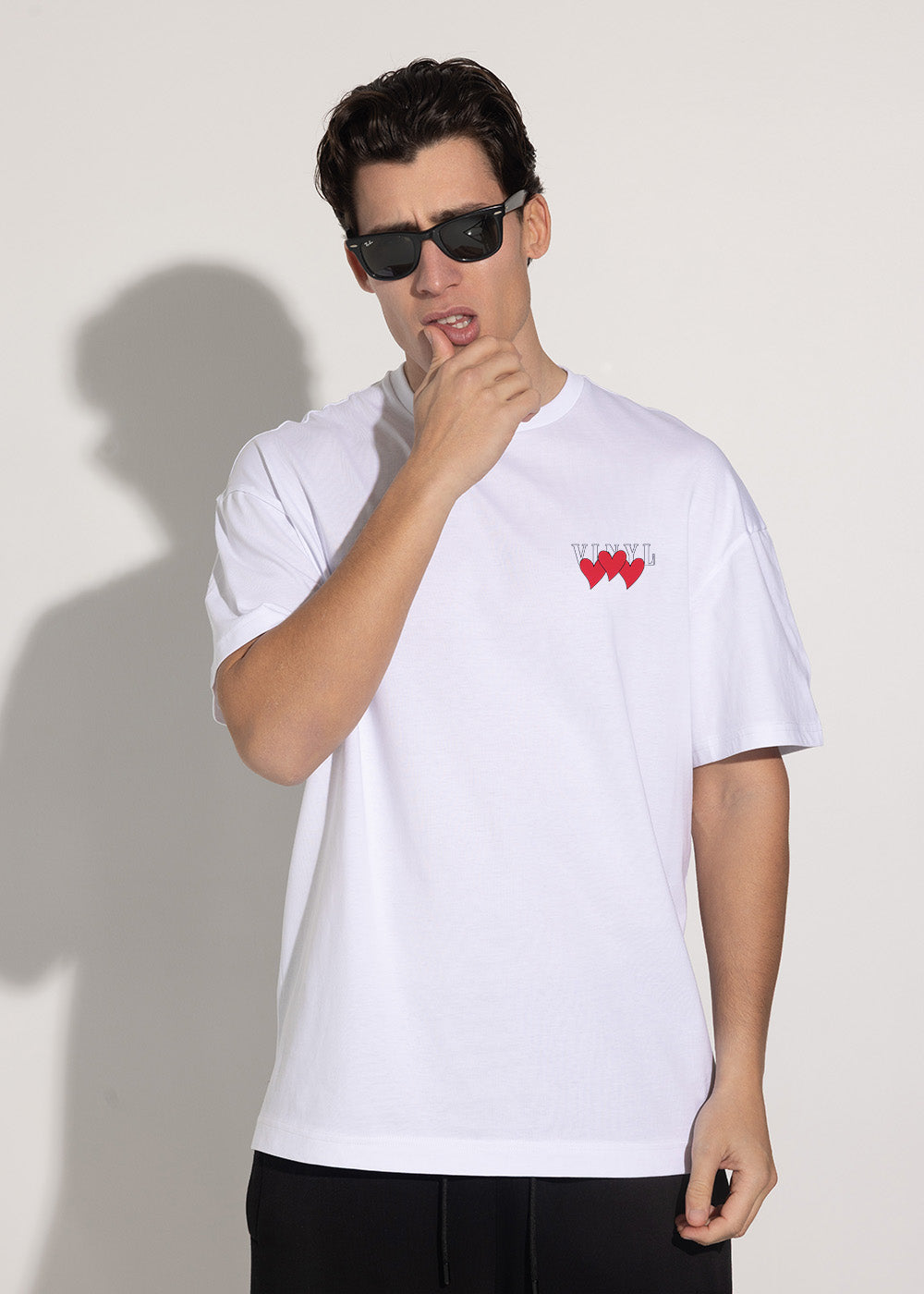 Vinyl μπλουζα με τυπωμα λευκη cotton oversized - heartbeat T-shirt