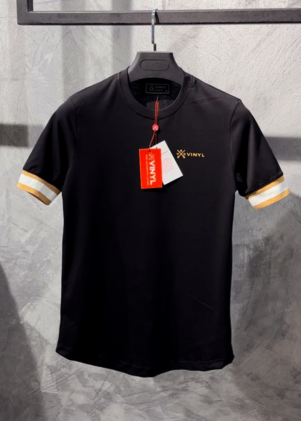 Vinyl μπλουζα με λαστιχο μαυρη cotton long line regular fit - t-shirt with gold elastic cuff