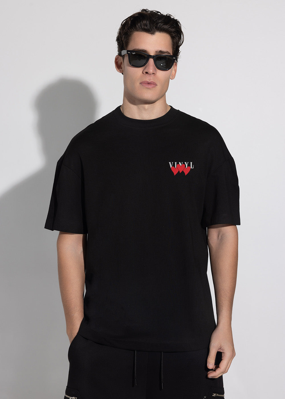 Vinyl μπλουζα με τυπωμα μαυρη cotton oversized - heartbeat T-shirt