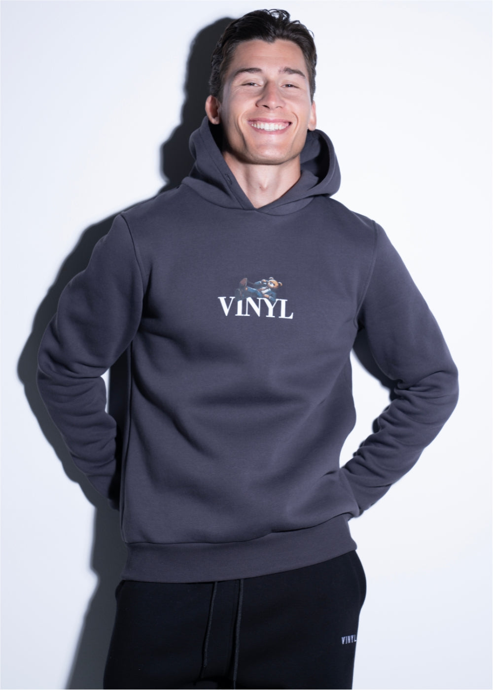 Vinyl φουτερ γκρι με τυπωμα cotton regular fit - back and forth printed hoodie