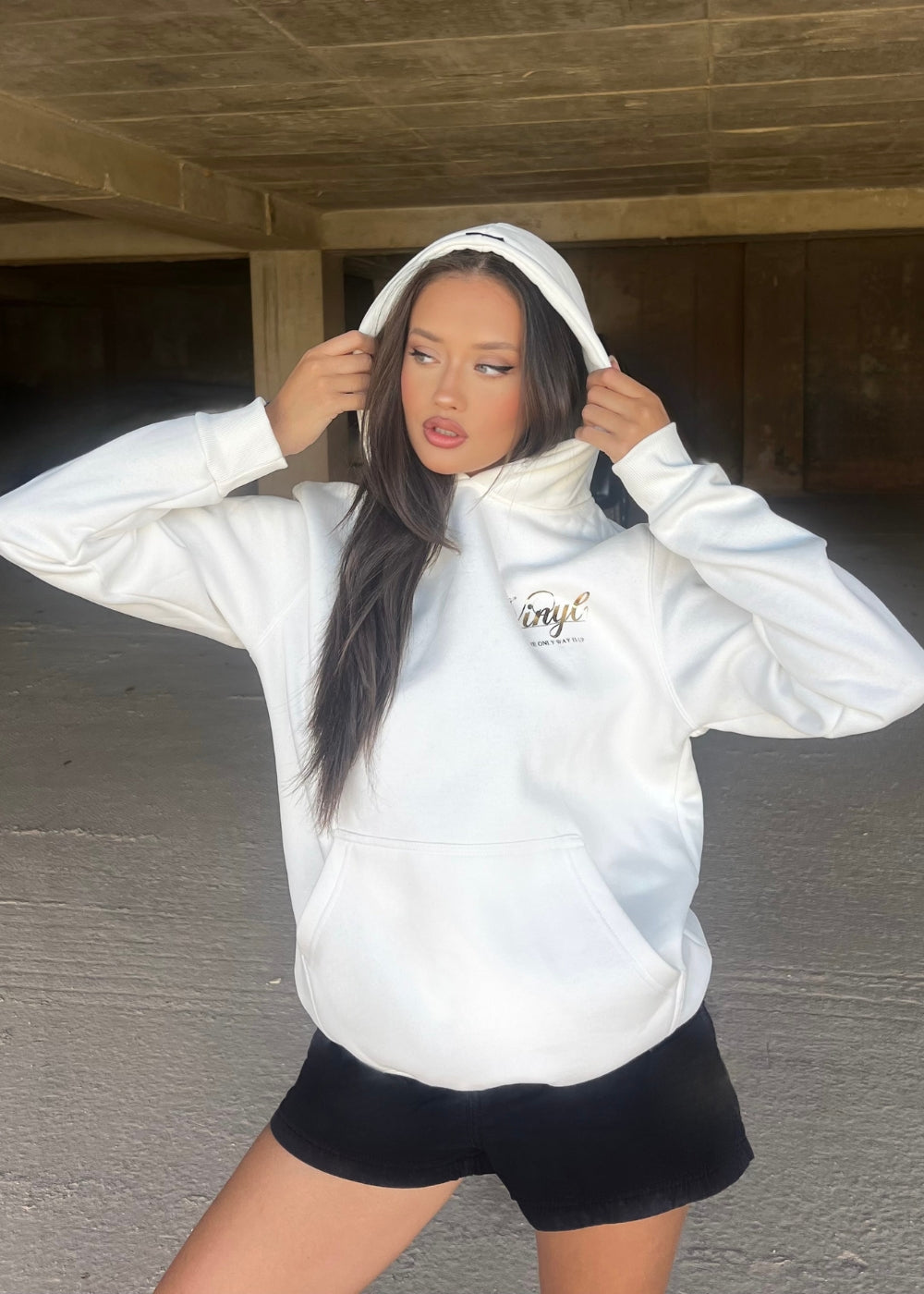 Vinyl φουτερ λευκο με τυπωμα cotton regular fit - foil print hoodie γυναικειο