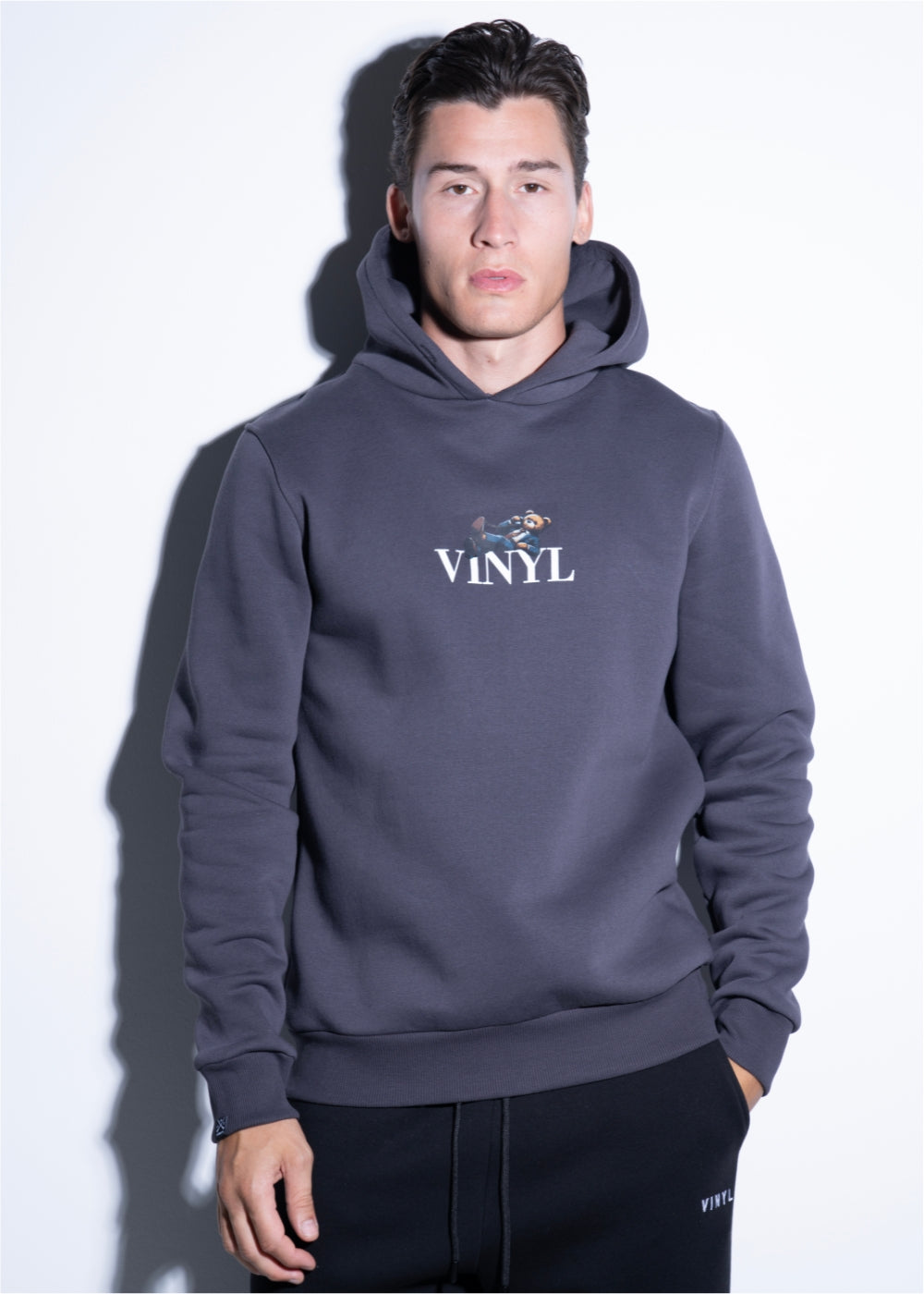 Vinyl φουτερ γκρι με τυπωμα cotton regular fit - back and forth printed hoodie