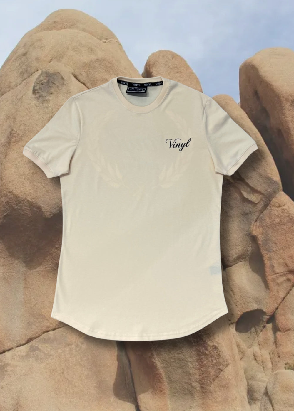Vinyl μπλουζα long line με τυπωμα ιβουαρ cotton regular fit ανδρικη