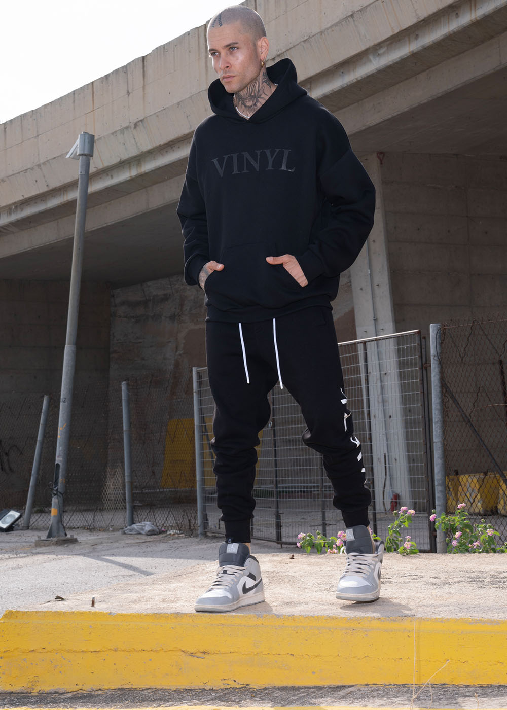 Vinyl φουτερ με τυπωμα μαυρο cotton regular fit ανδρικο