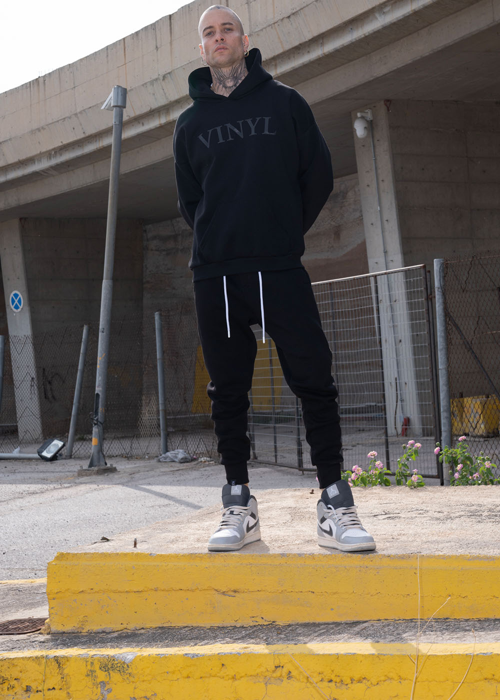 Vinyl φουτερ με τυπωμα μαυρο cotton regular fit ανδρικο