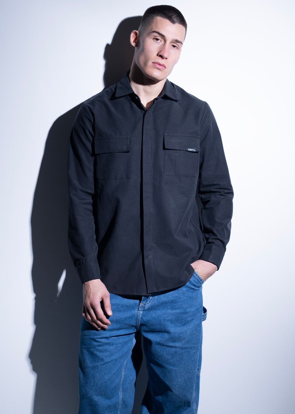 Vinyl overshirt μαυρο cotton tencel regular fit ανδρικο