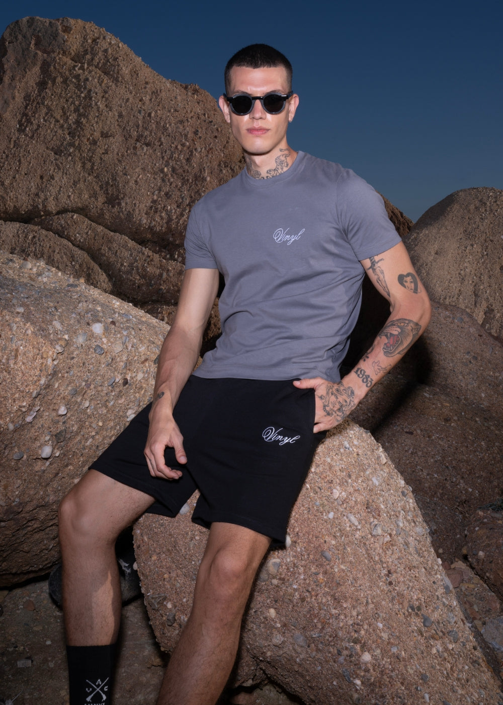 Vinyl μπλουζα με κεντημα γκρι cotton regular fit ανδρικη