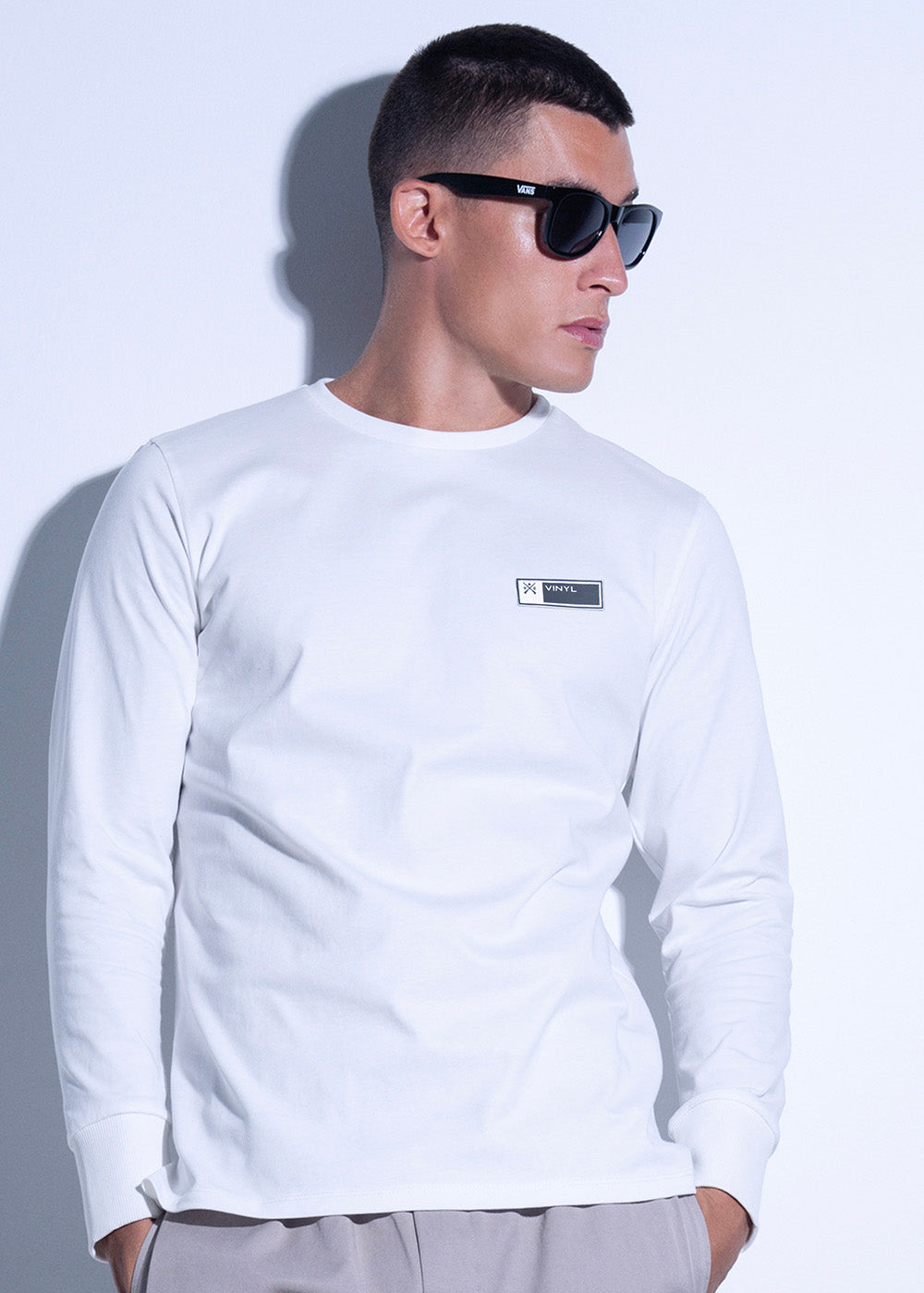 Vinyl μπλουζα μακρυμανικη λευκη cotton regular fit ανδρικη