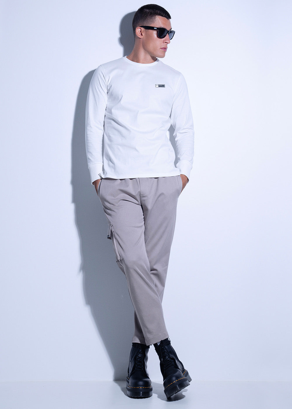 Vinyl μπλουζα μακρυμανικη λευκη cotton regular fit ανδρικη