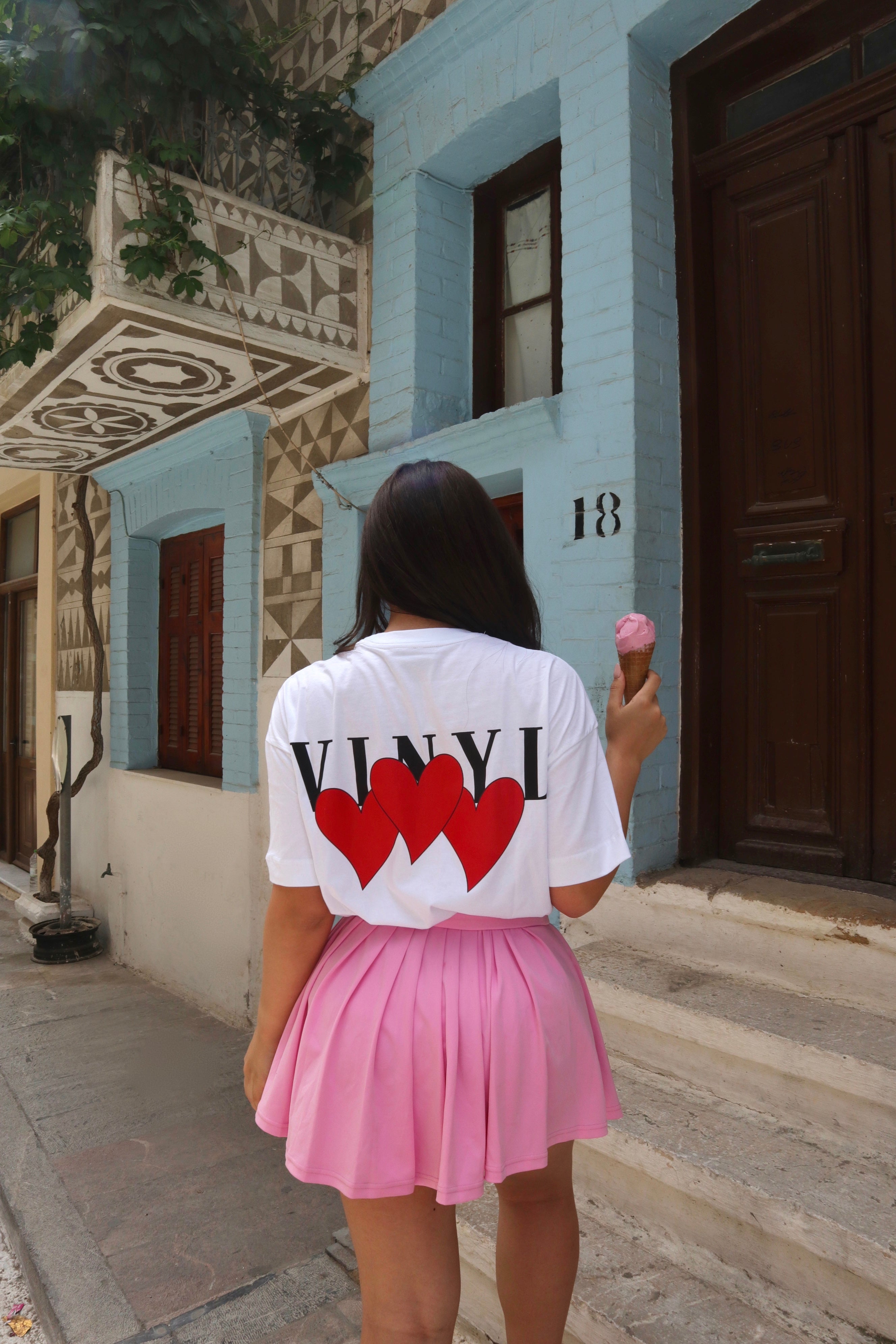 Vinyl μπλουζα με τυπωμα λευκη cotton oversized - heartbeat T-shirt