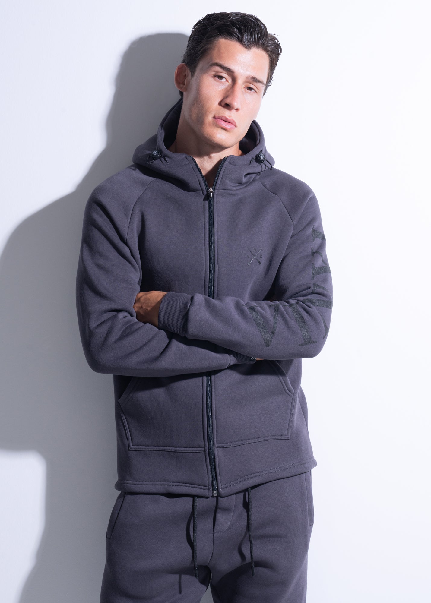 Vinyl ζακετα γκρι με τυπωμα cotton regular fit - zip through hoodie with logo print