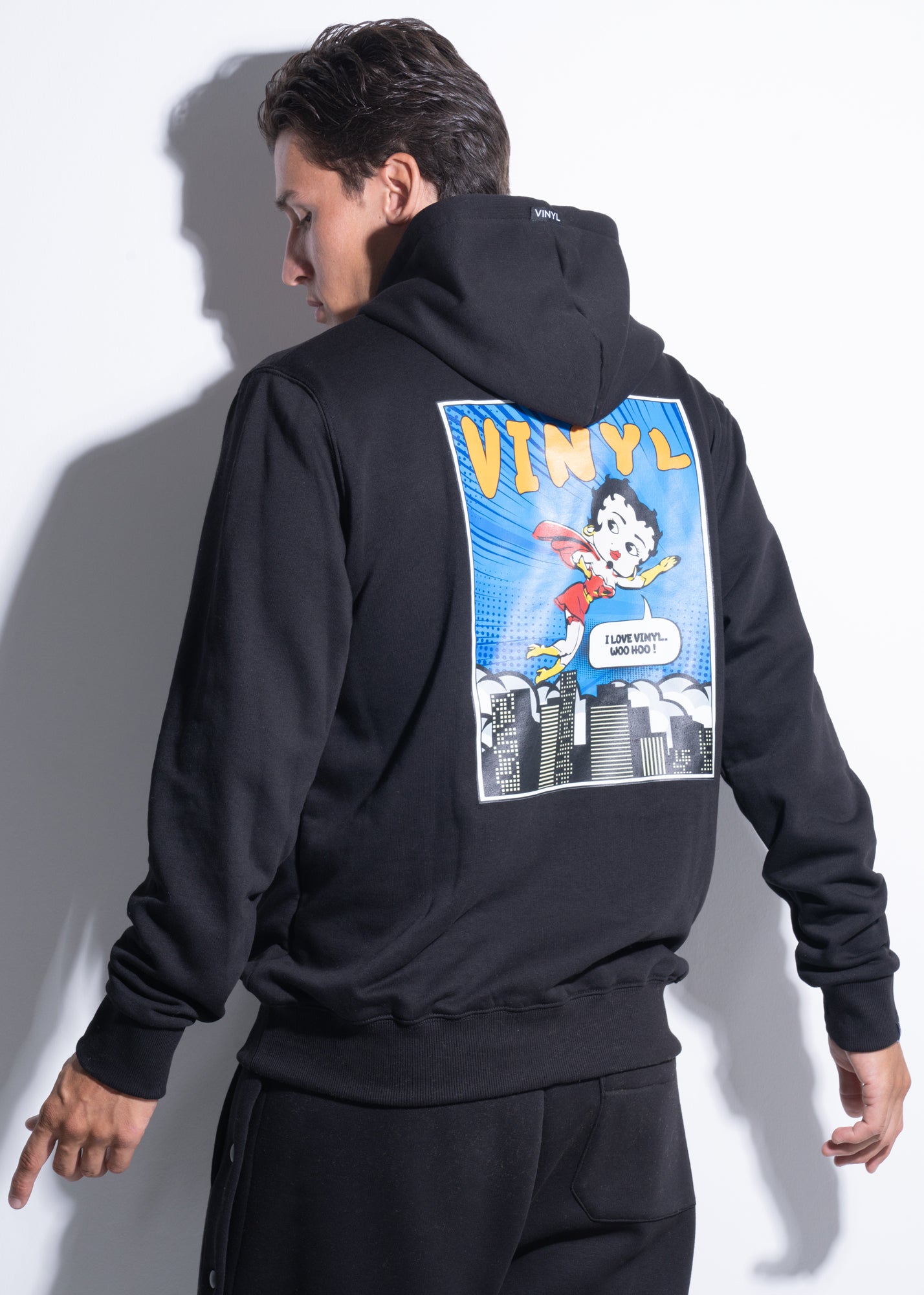 Vinyl φουτερ μαυρο με τυπωμα cotton χωρις χνουδι regular fit - betty boop hoodie