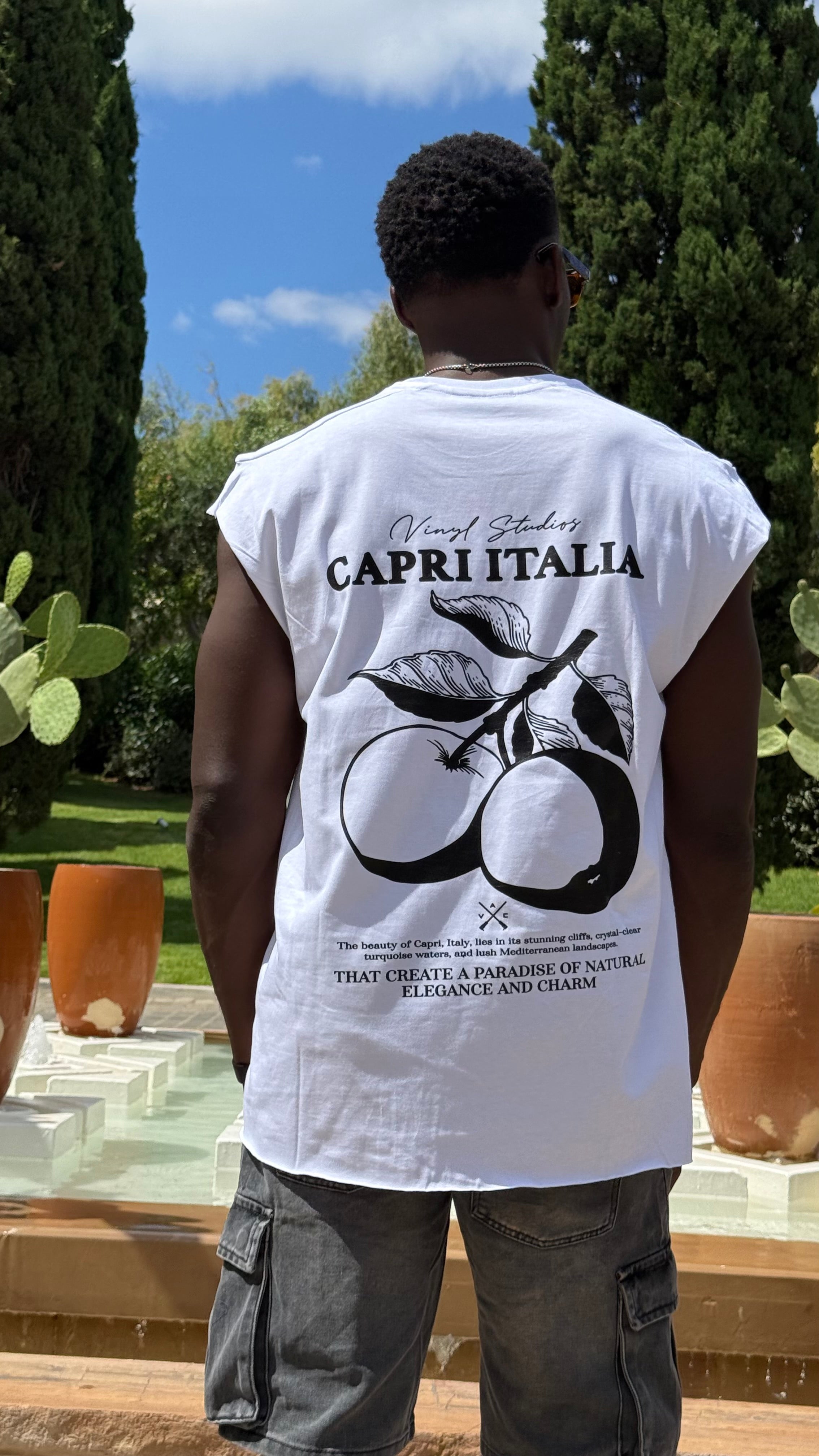 Vinyl sleeveless tee with logo white cotton oversized - vinyl sleeveless tee capri italia