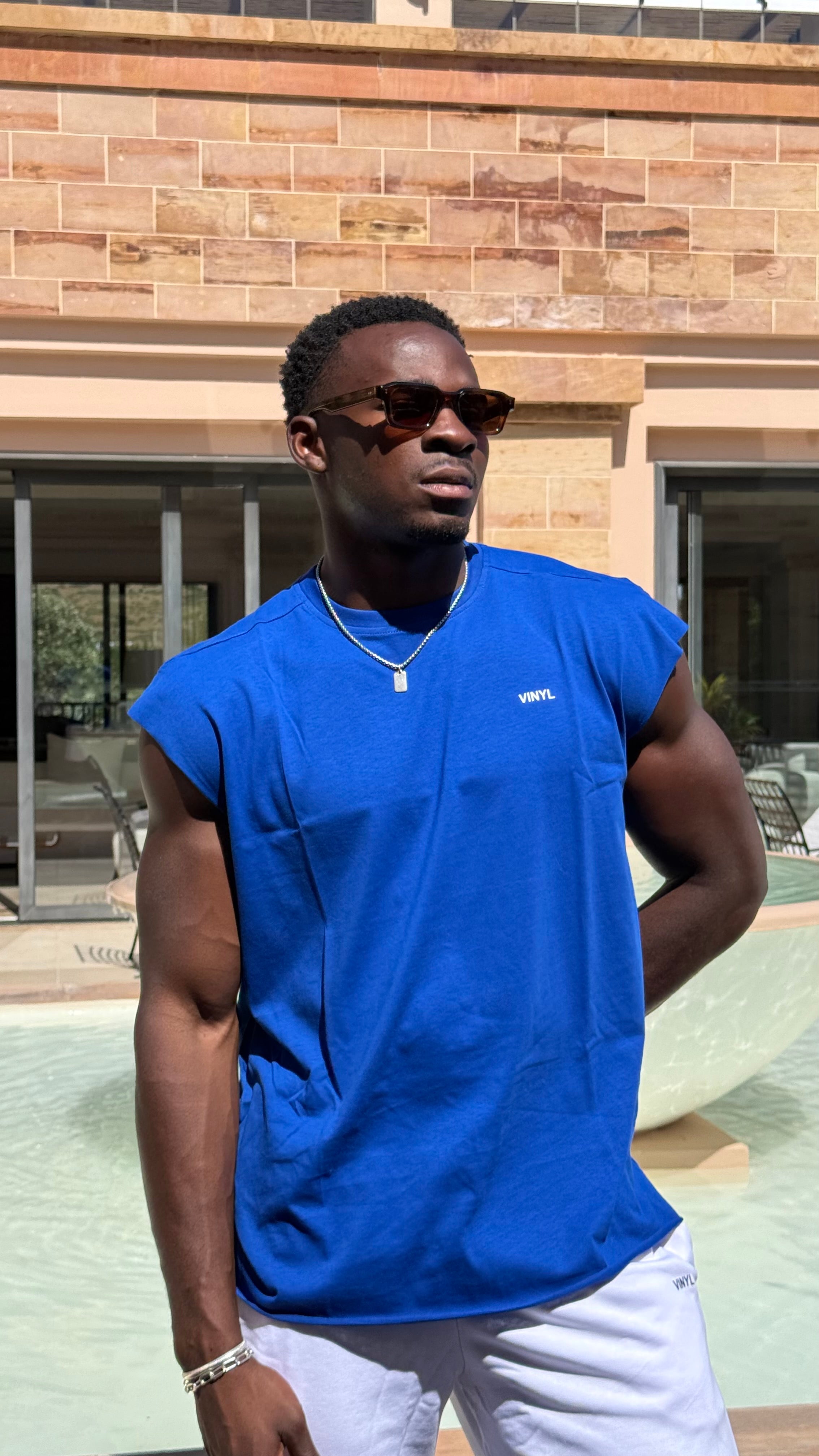 Vinyl sleeveless tee with logo blue cotton oversized - vinyl sleeveless tee