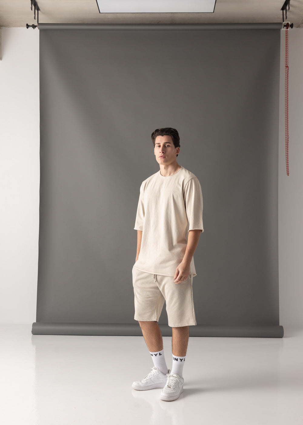 Vinyl βερμουδα με κεντημα μπεζ cotton regular fit - premium washed shorts