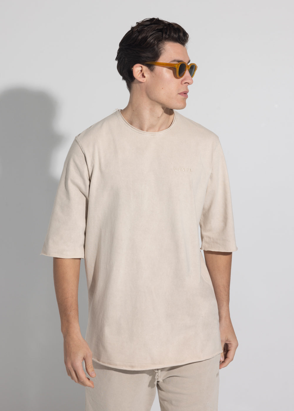 Vinyl shirt with embroidery beige cotton oversized - premium washed tee