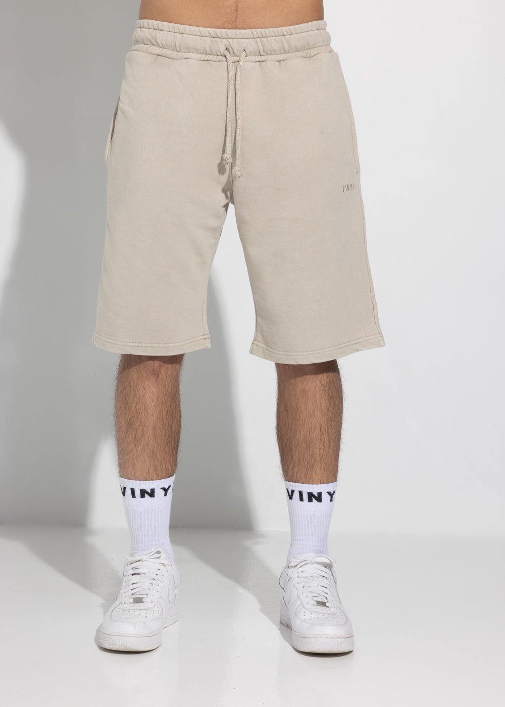 Vinyl βερμουδα με κεντημα μπεζ cotton regular fit - premium washed shorts