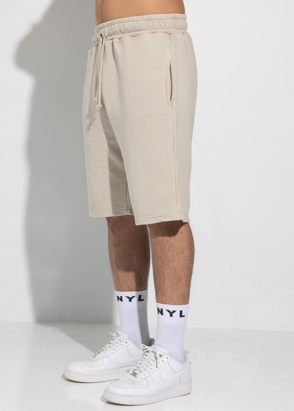 Vinyl βερμουδα με κεντημα μπεζ cotton regular fit - premium washed shorts