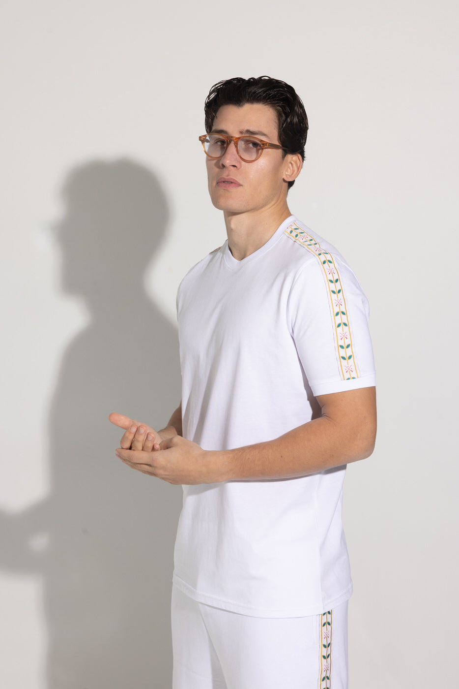 Vinyl μπλουζα με τρεσα λευκή cotton regular fit - leaf tape t-shirt