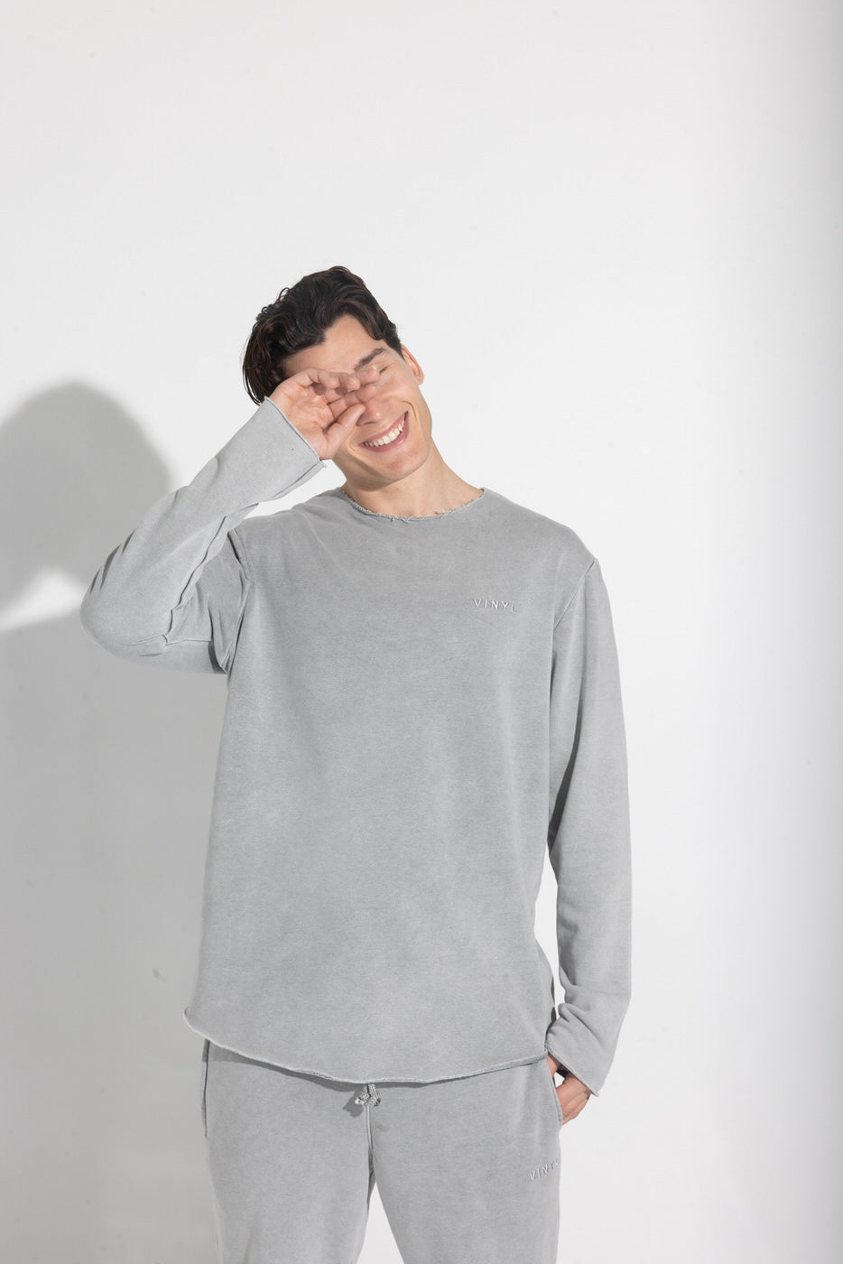 Vinyl μπλουζα γκρι με κεντημα cotton χωρις χνουδι oversized - premium washed sweatshirt