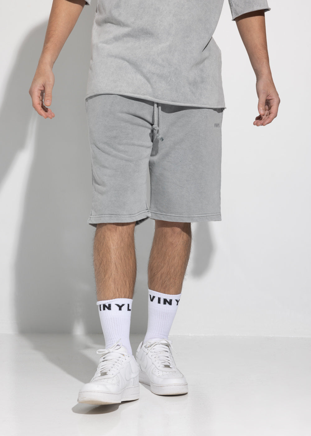 Vinyl βερμουδα με κεντημα γκρι cotton regular fit - premium washed shorts