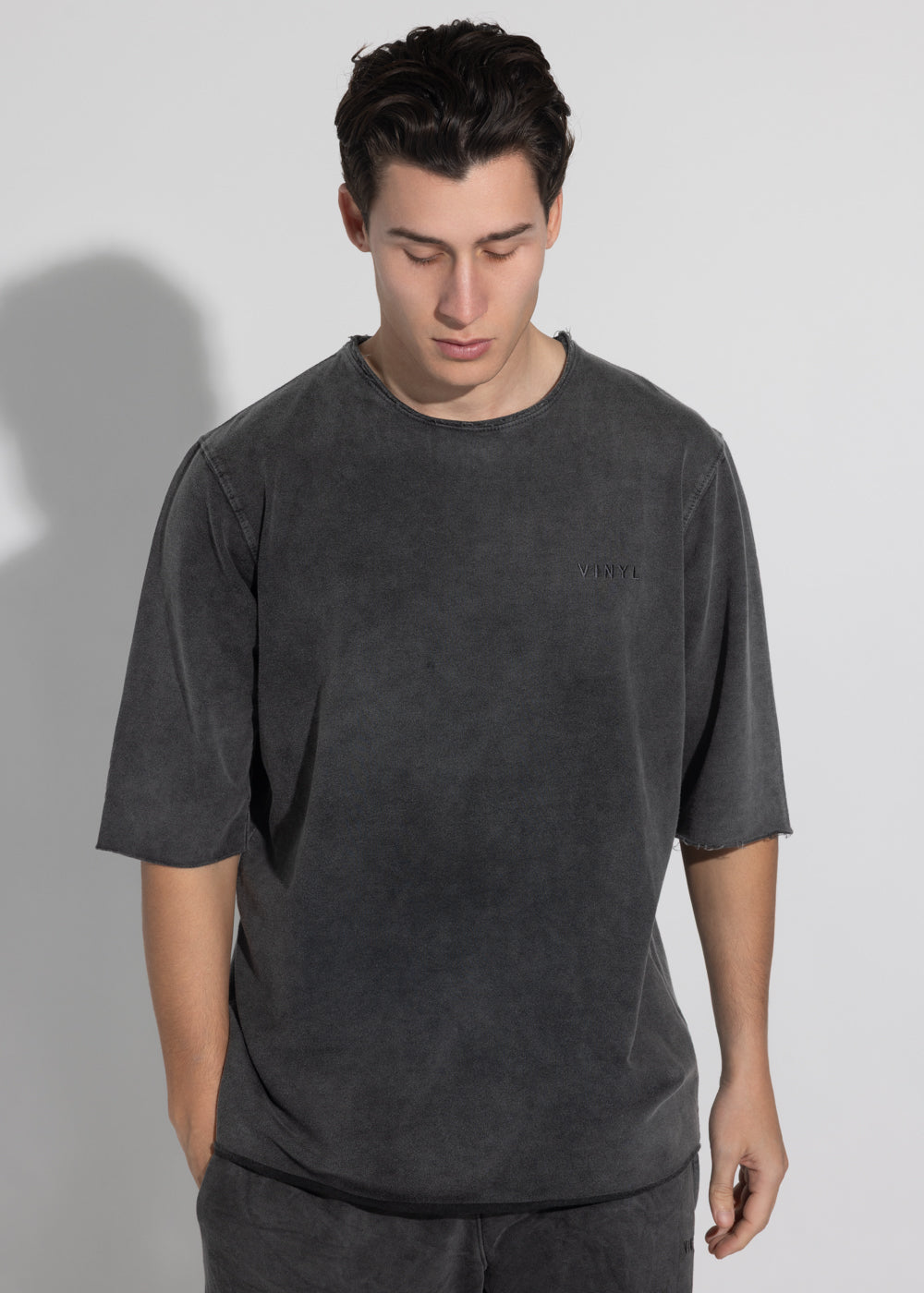 Vinyl μπλουζα με κέντημα μαυρη cotton oversized - premium washed tee