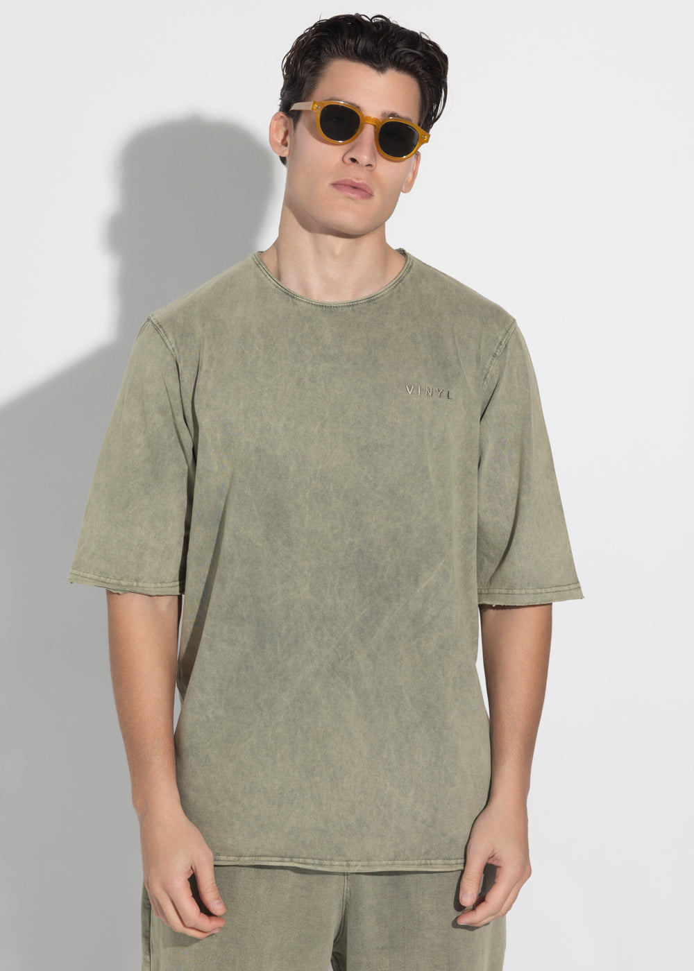 Vinyl μπλουζα με κέντημα χακι cotton oversized - premium washed tee
