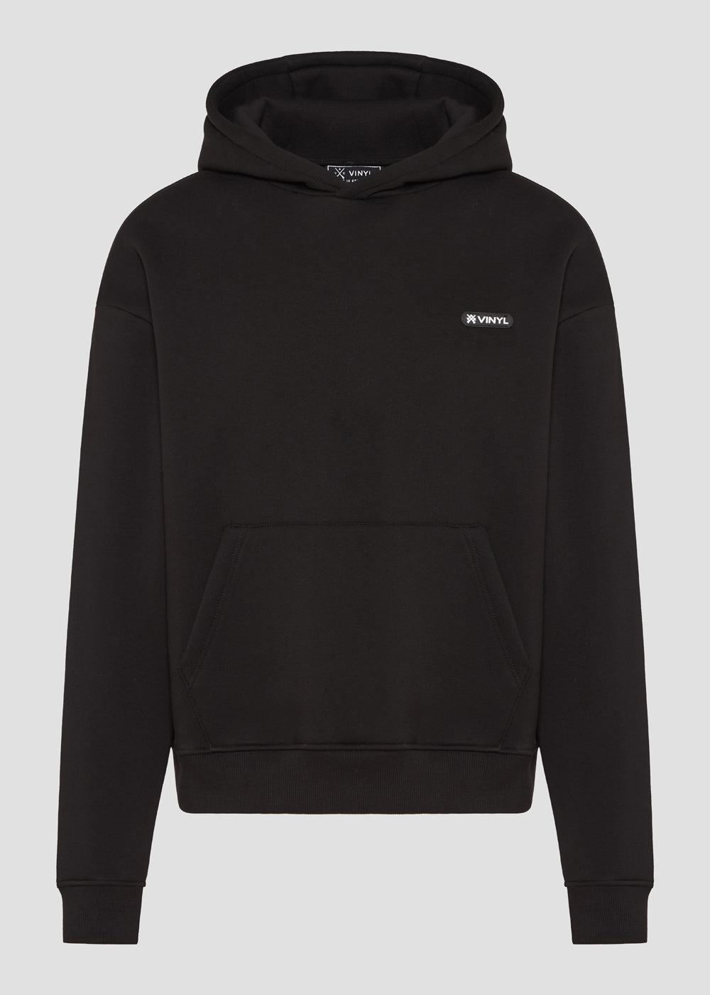 Vinyl μαύρο φούτερ βαμβακερό με οβάλ λογότυπο κουκούλα ενιαία μπροστινή τσέπη oversized cropped Made in Greece
