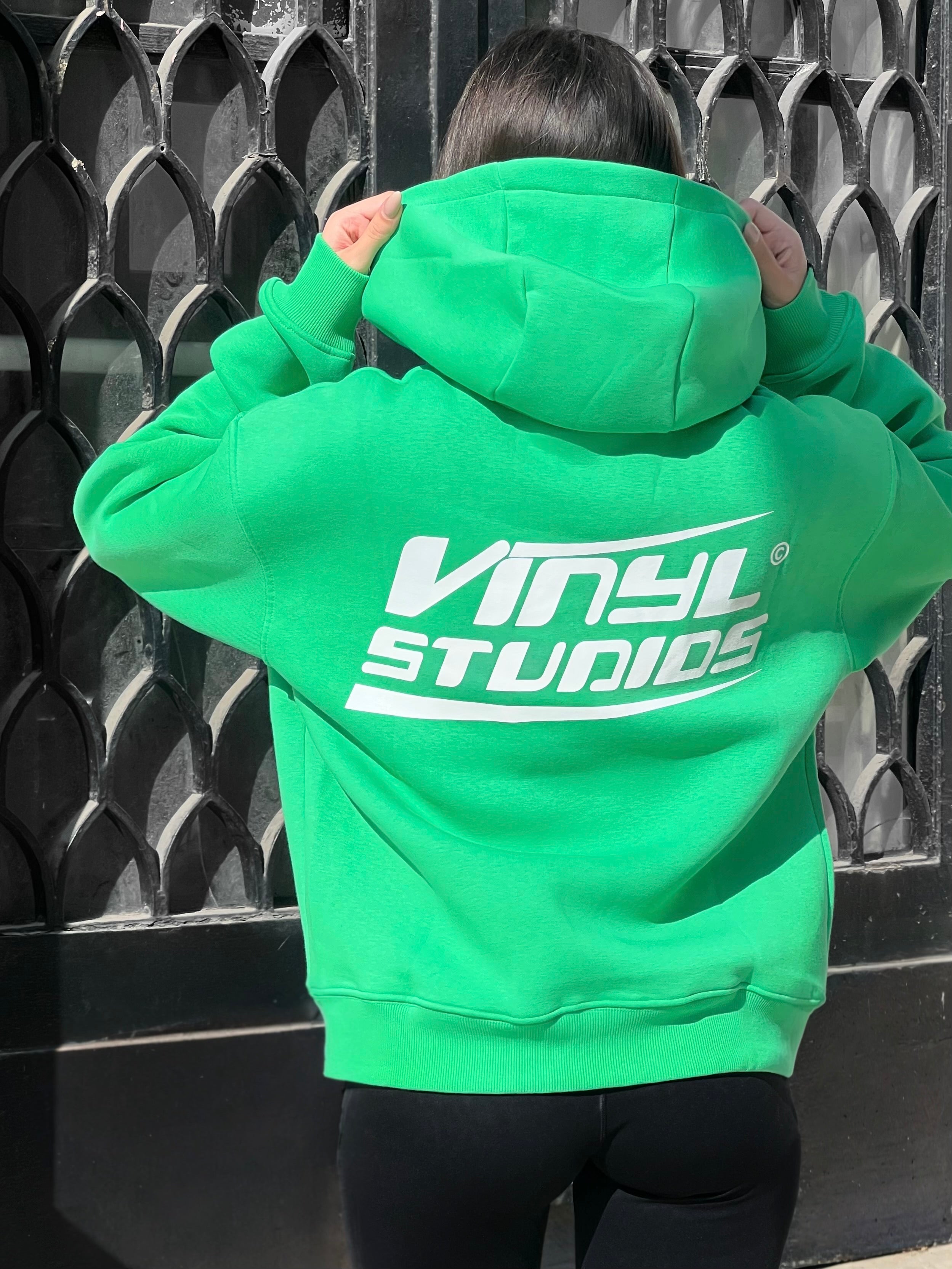 Vinyl φουτερ πρασινο με τυπωμα cotton oversized - studios v beat hoodie