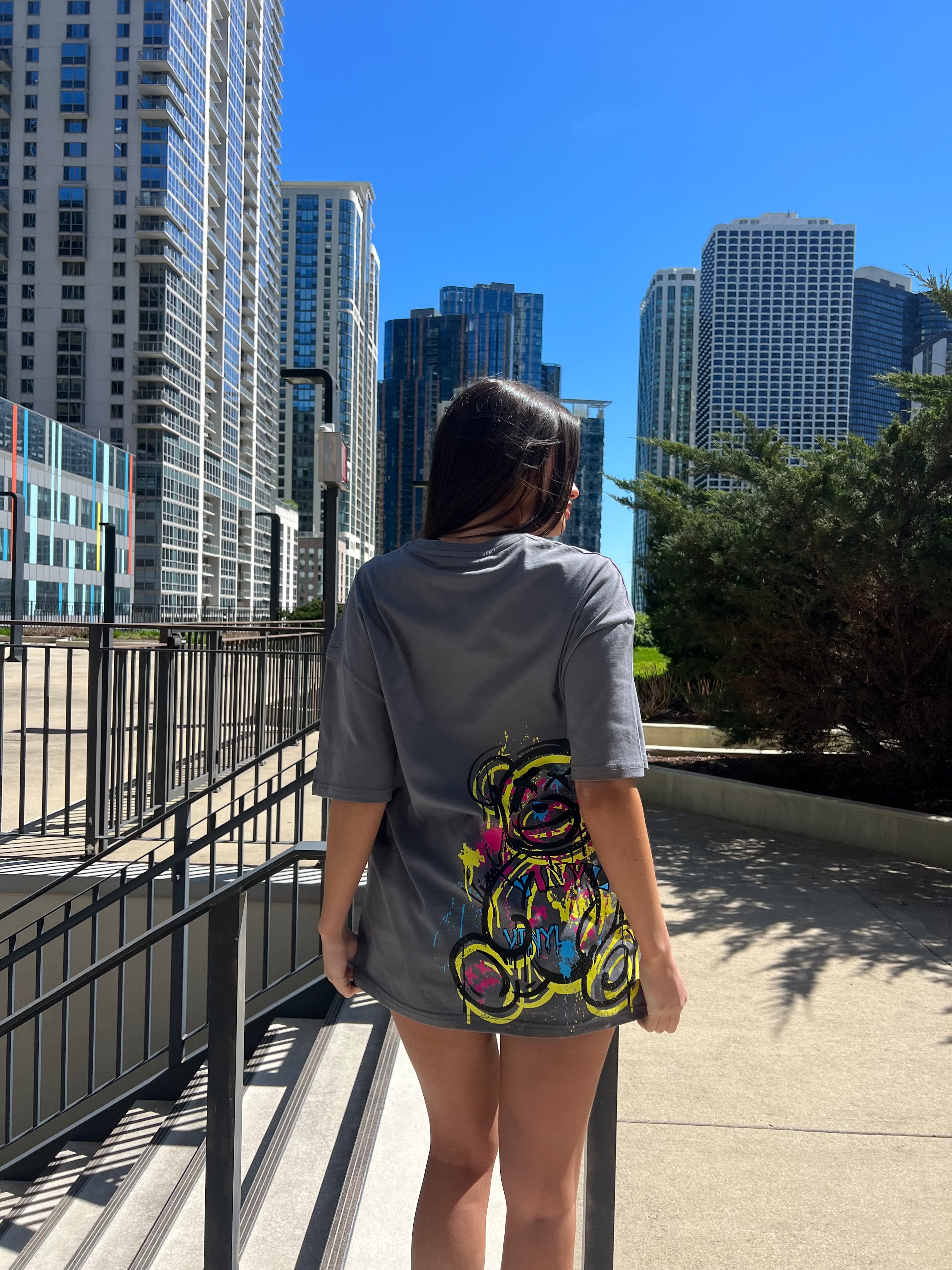 Vinyl μπλουζα με τυπωμα γκρι cotton oversized γυναικεια