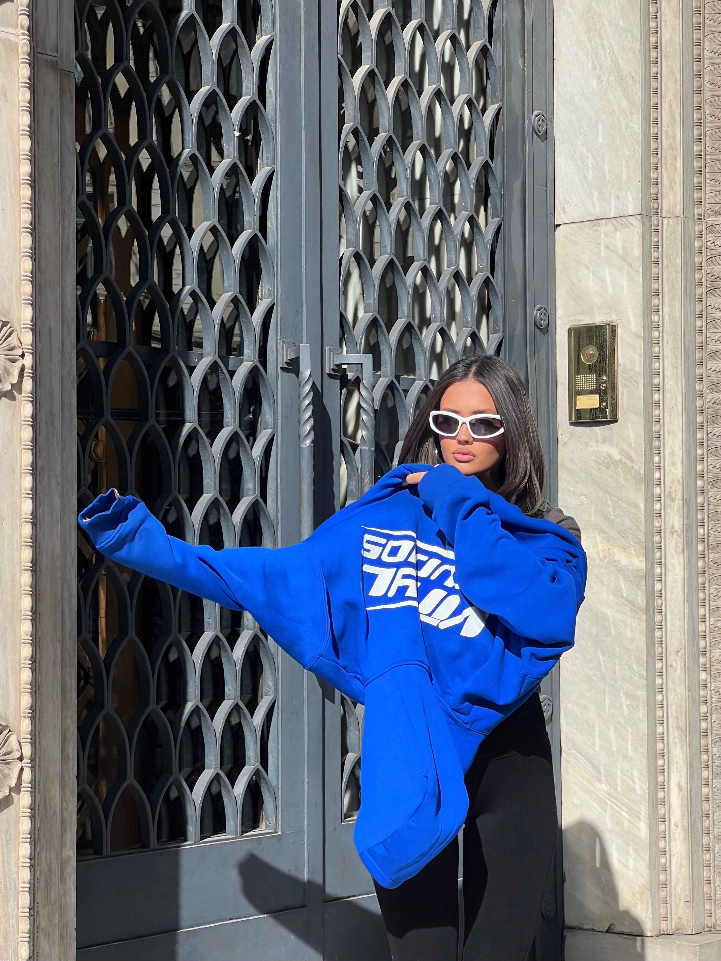 Vinyl φουτερ μπλε με τυπωμα cotton oversized - studios v beat hoodie