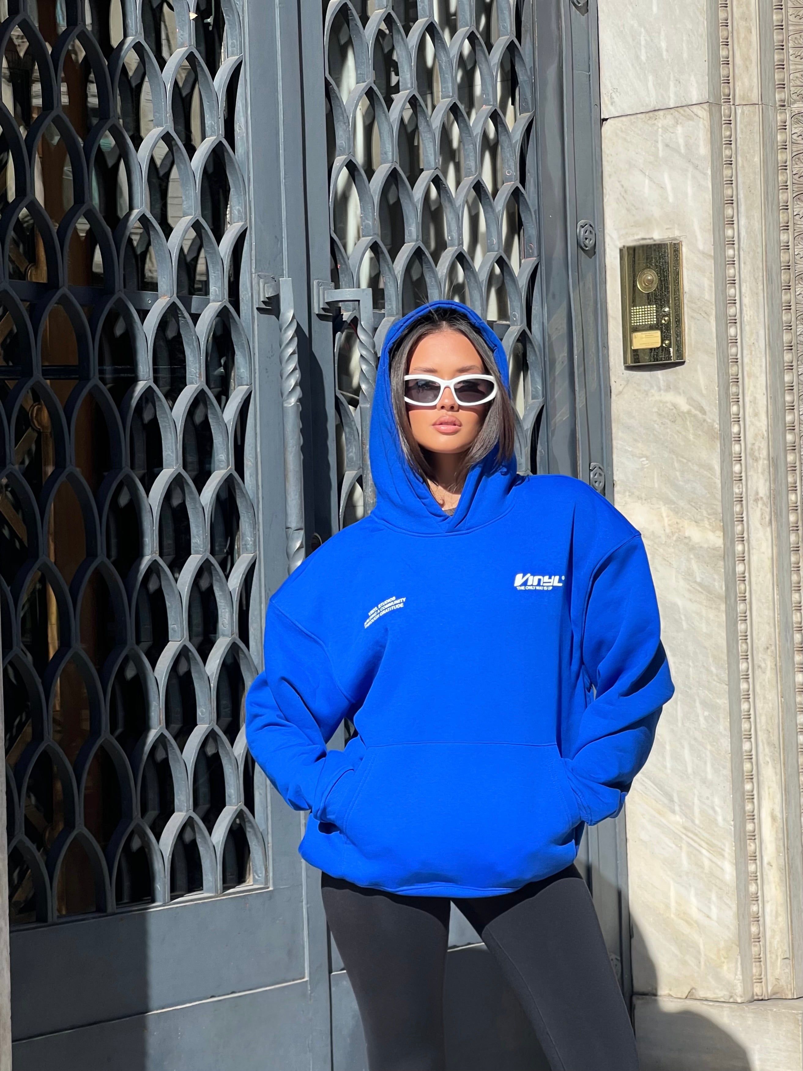 Vinyl φουτερ μπλε με τυπωμα cotton oversized - studios v beat hoodie