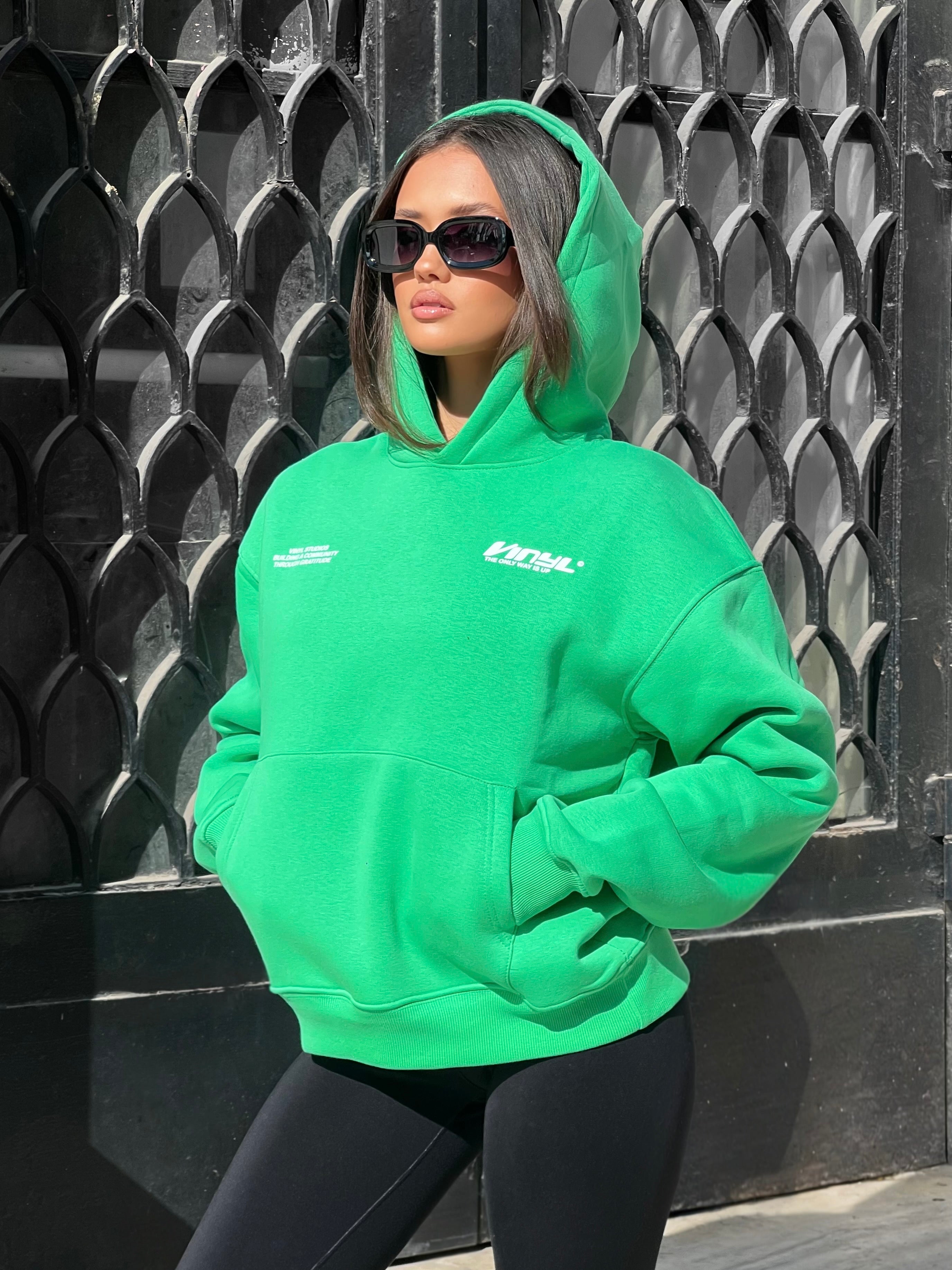 Vinyl φουτερ πρασινο με τυπωμα cotton oversized - studios v beat hoodie