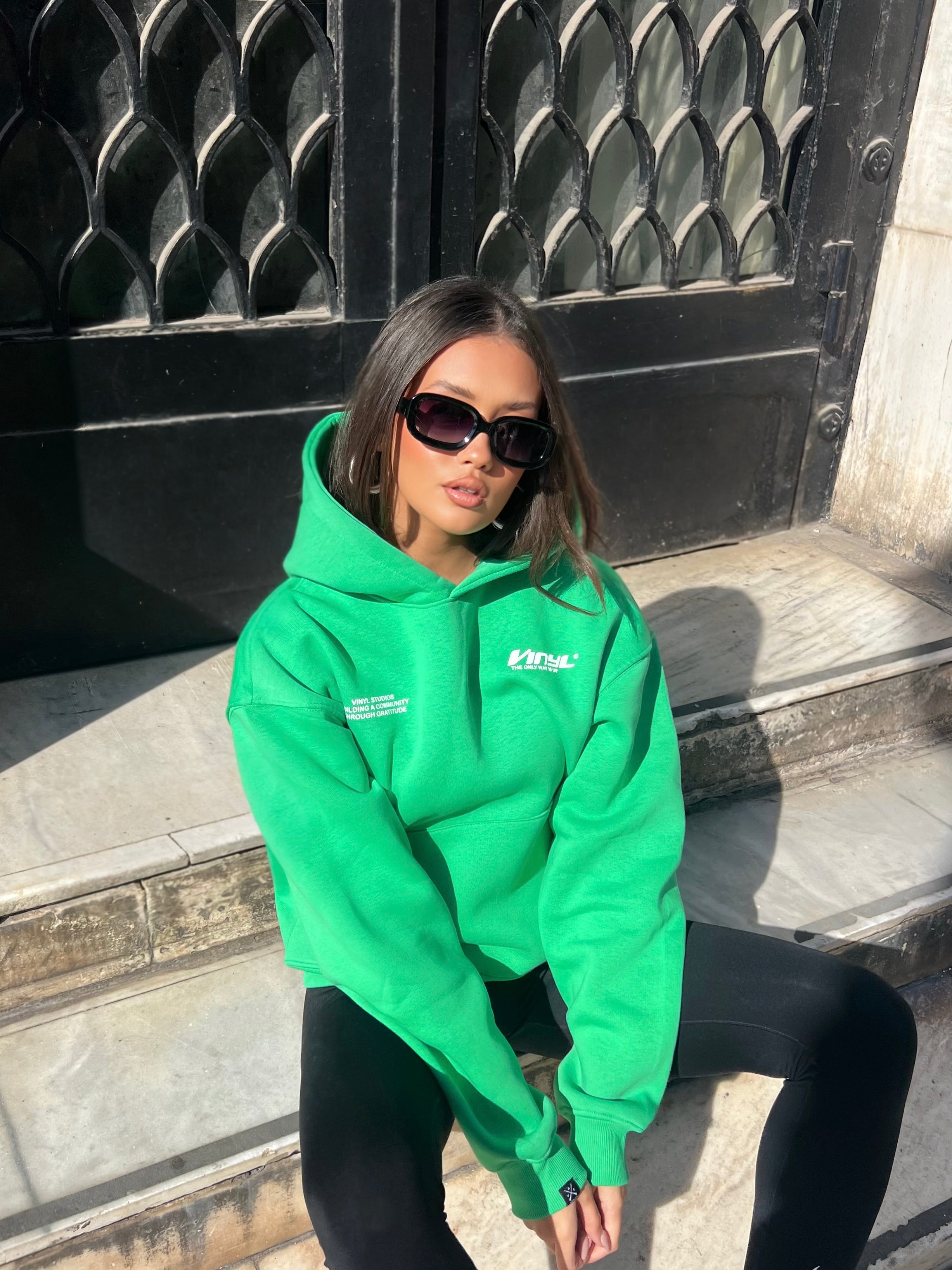 Vinyl φουτερ πρασινο με τυπωμα cotton oversized - studios v beat hoodie