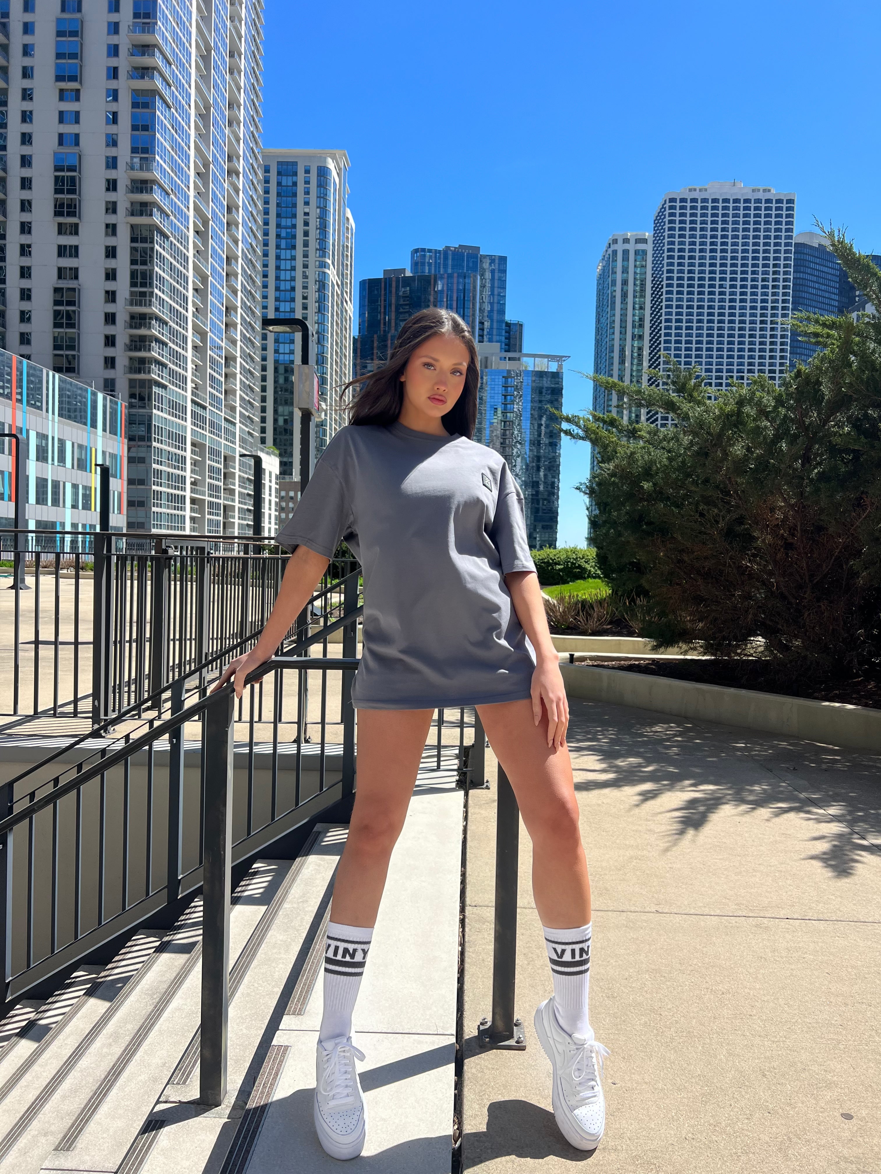 Vinyl μπλουζα με τυπωμα γκρι cotton oversized γυναικεια