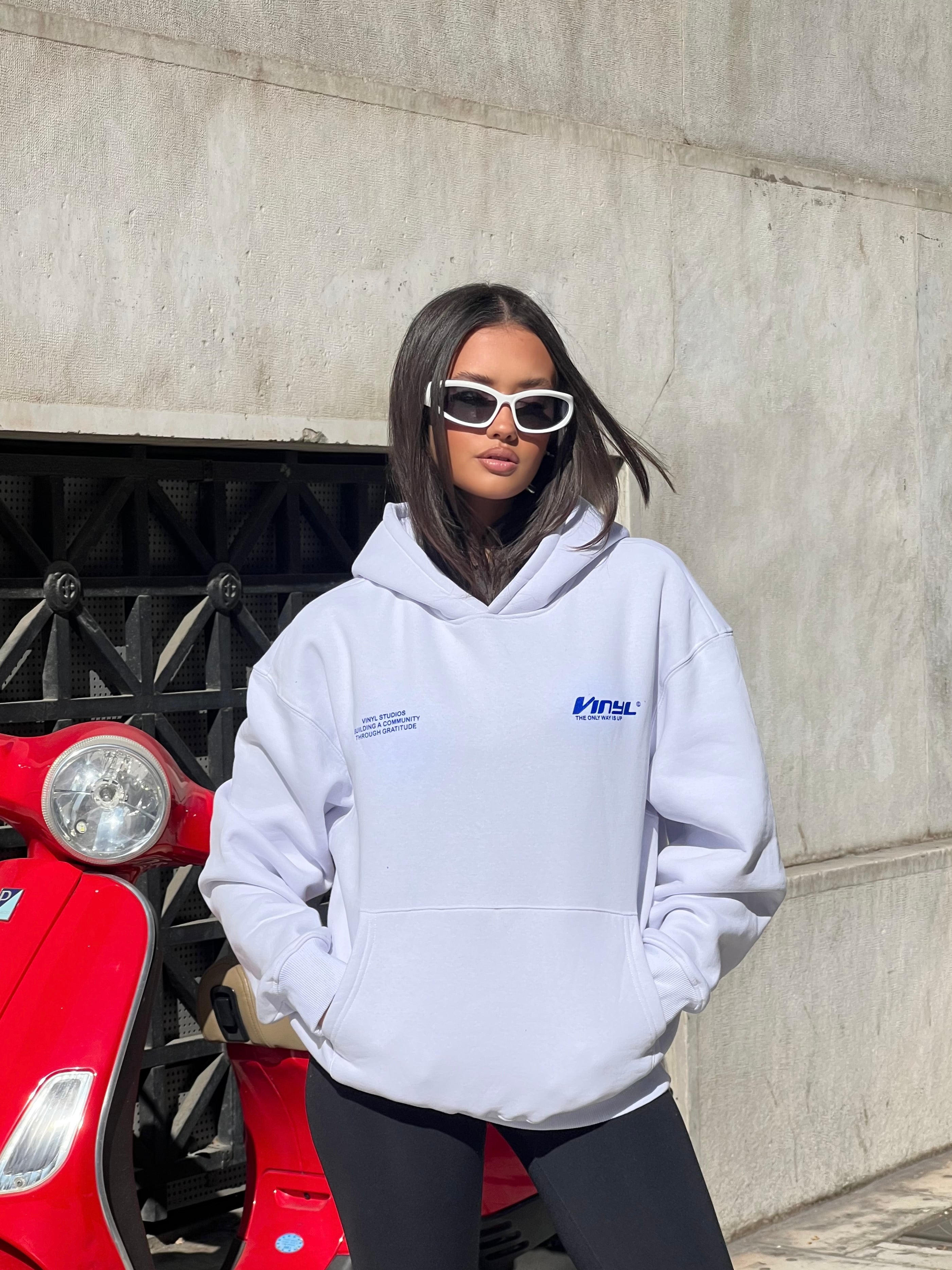Vinyl φουτερ λευκο με τυπωμα cotton oversized - studios v beat hoodie