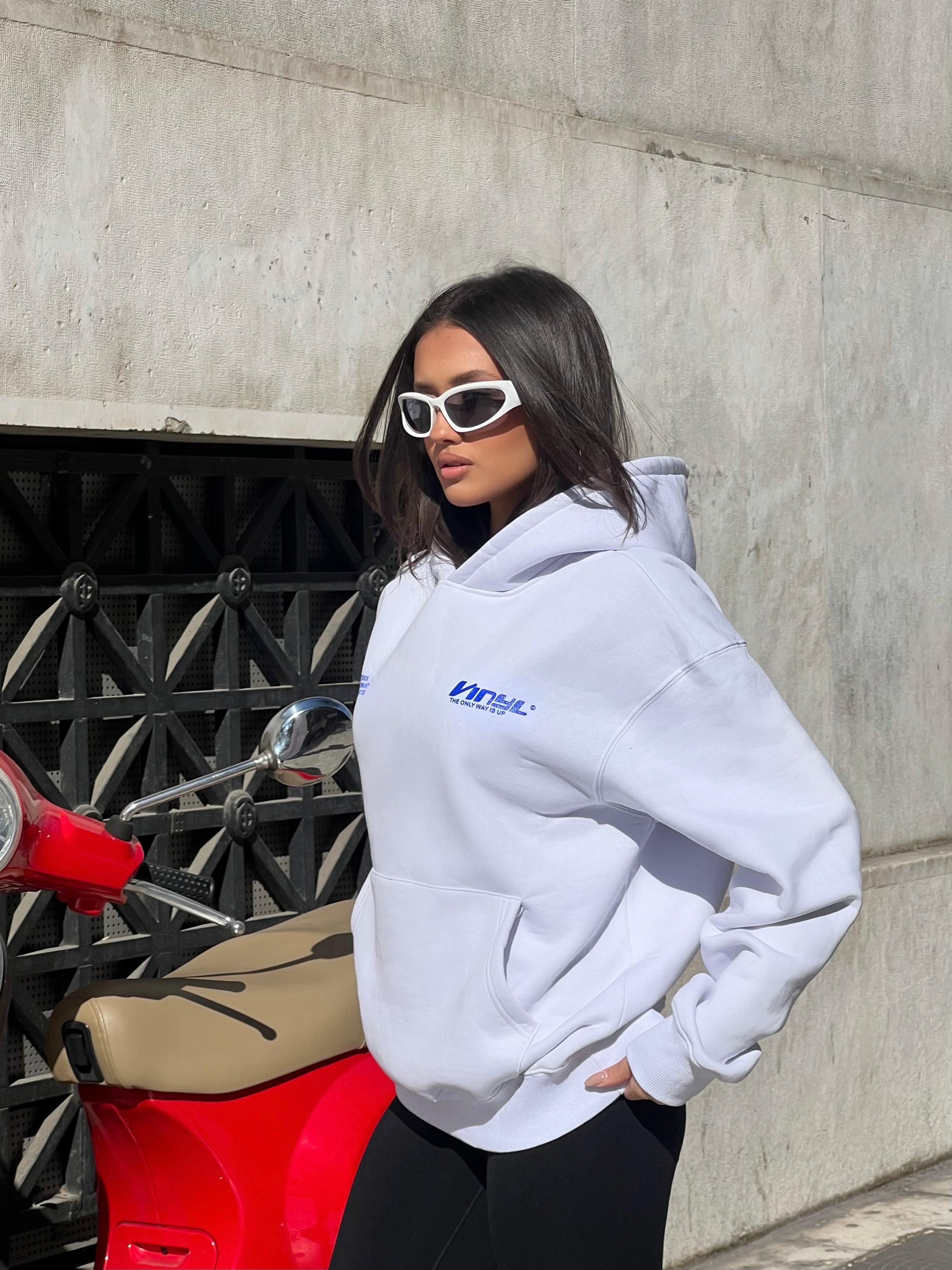 Vinyl φουτερ λευκο με τυπωμα cotton oversized - studios v beat hoodie