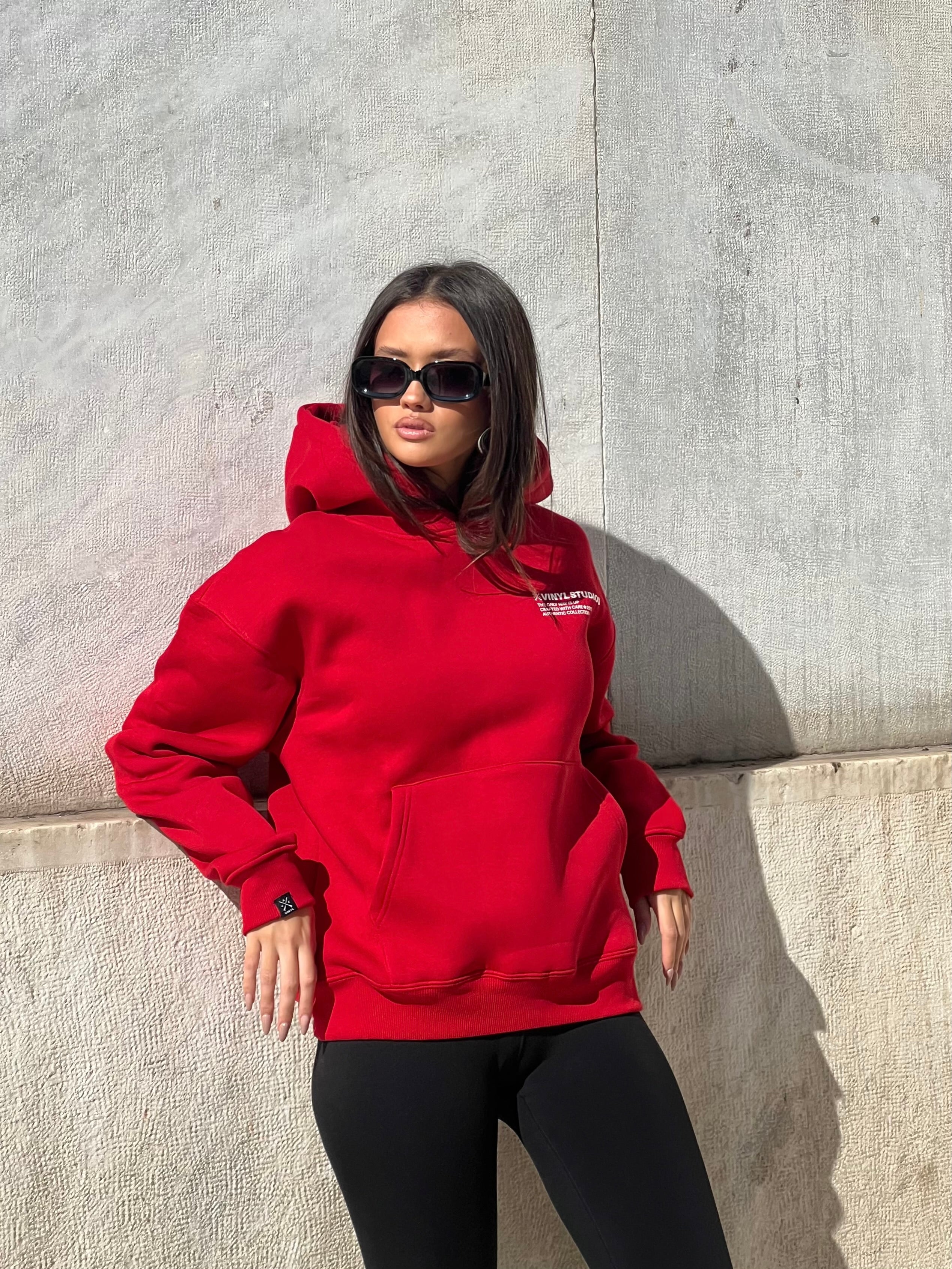 Vinyl φουτερ κοκκινο με τυπωμα cotton oversized - studios v legacy hoodie