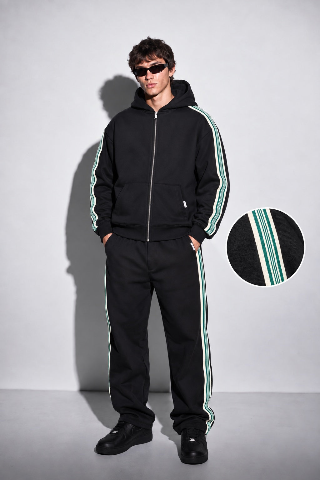Retro stripe zip hoodie black