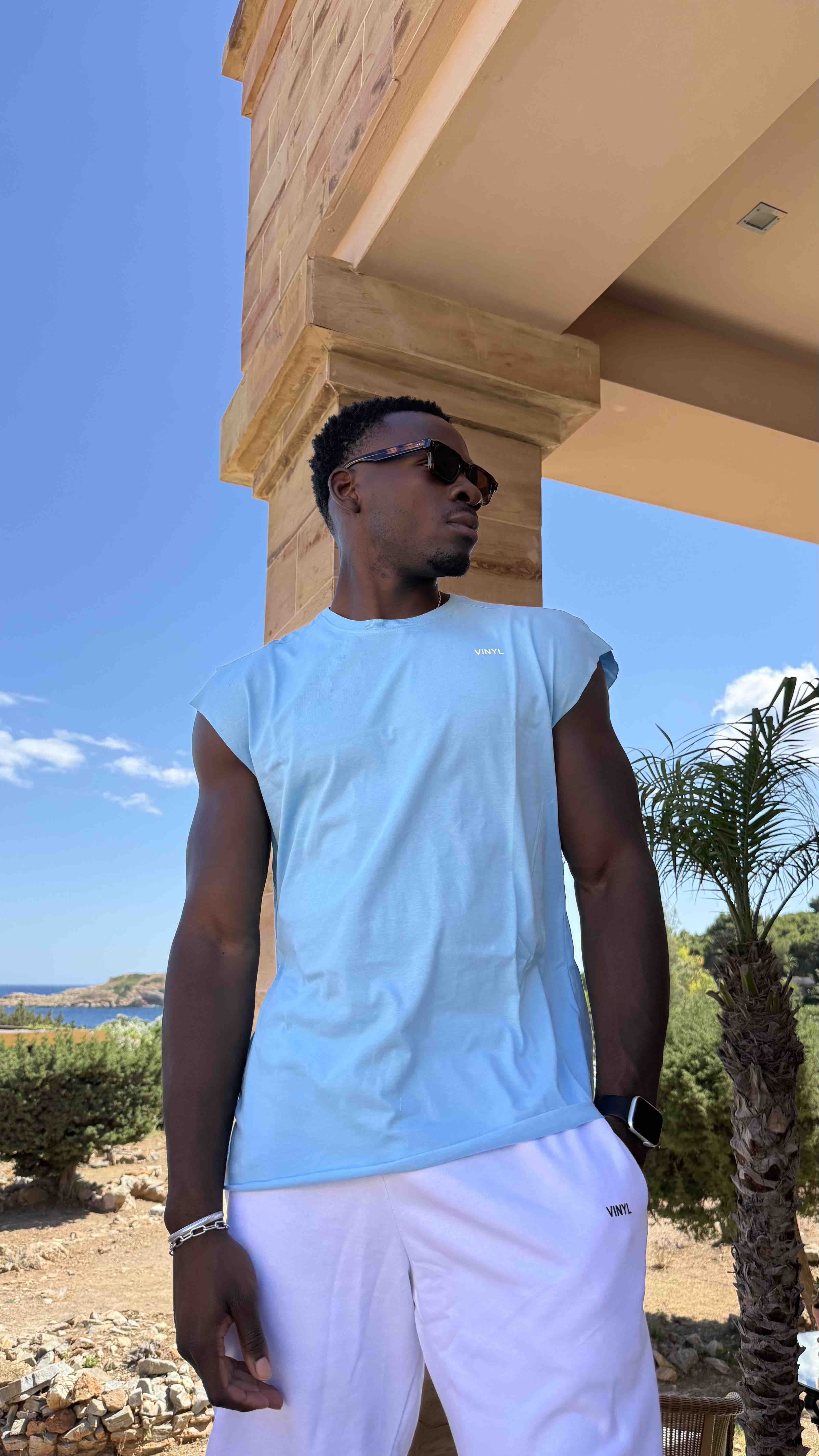 Vinyl sleeveless tee with logo light blue cotton oversized - vinyl sleeveless tee