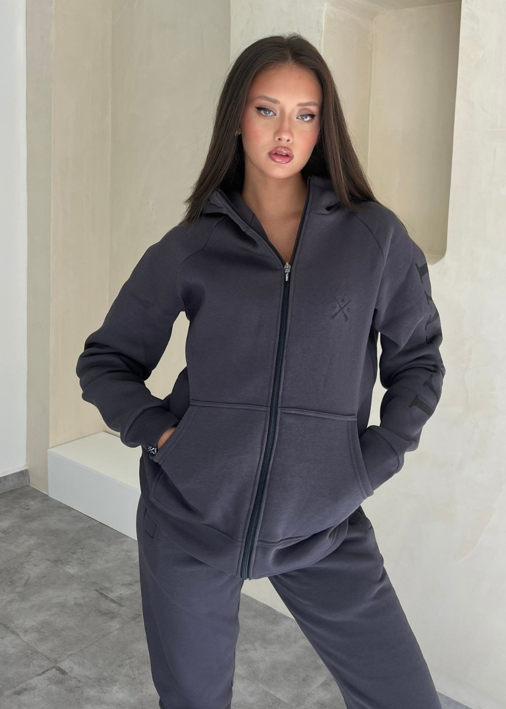 Vinyl ζακετα γκρι με τυπωμα cotton regular fit - zip through hoodie with logo print ΓΥΝΑΙΚΕΙΑ