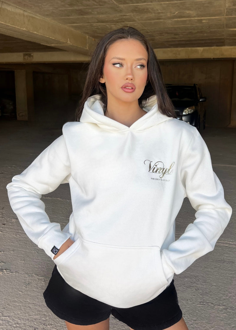 Vinyl φουτερ λευκο με τυπωμα cotton regular fit - foil print hoodie γυναικειο