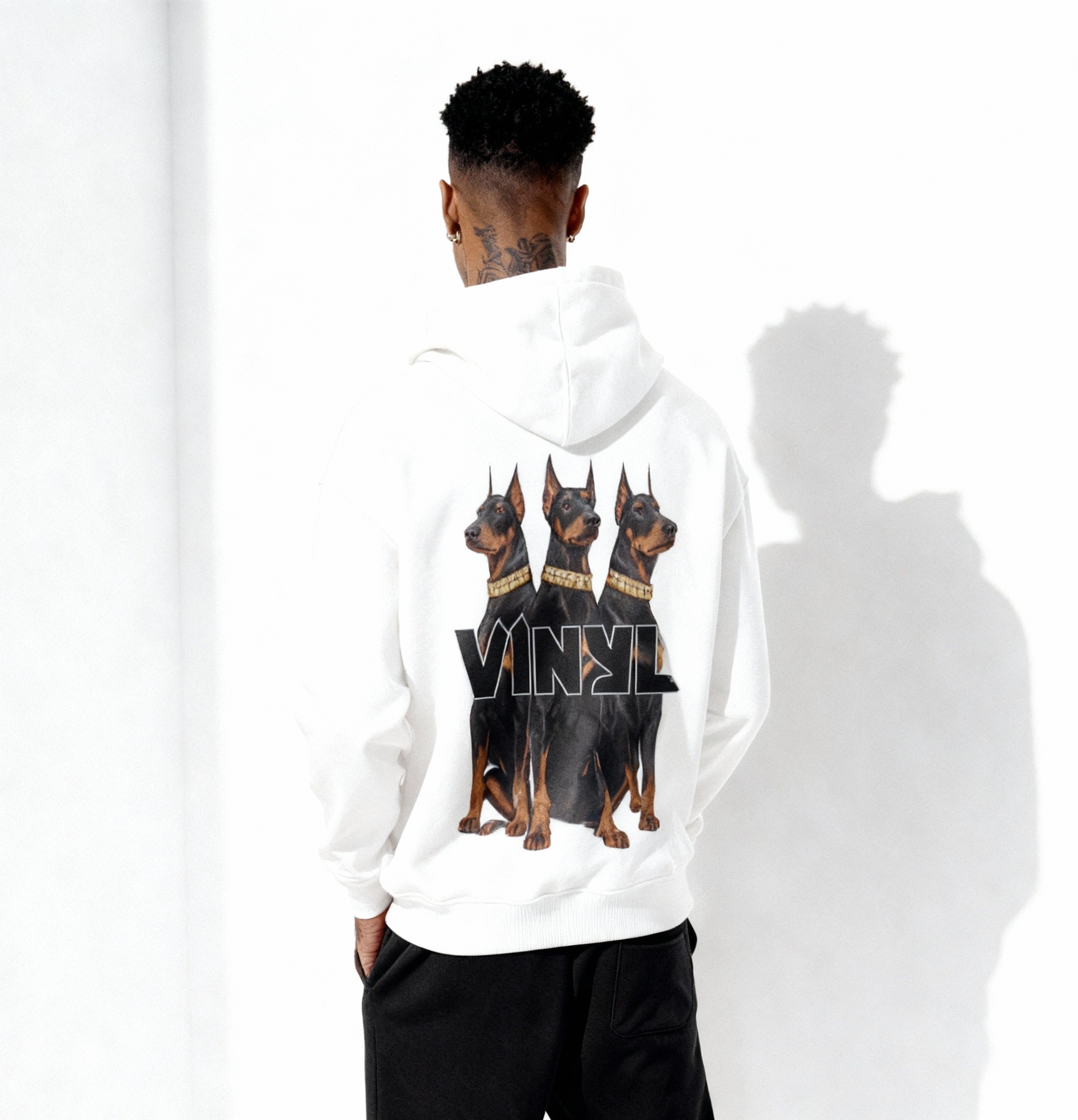 Vinyl φουτερ λευκο με τυπωμα cotton oversized - dogs gang hoodie