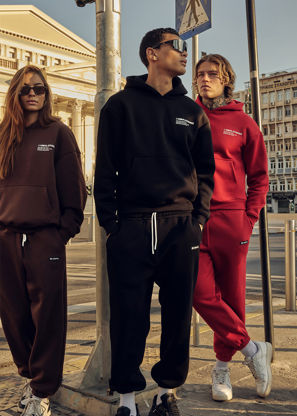 Vinyl φουτερ καφε με τυπωμα cotton oversized - studios v legacy hoodie