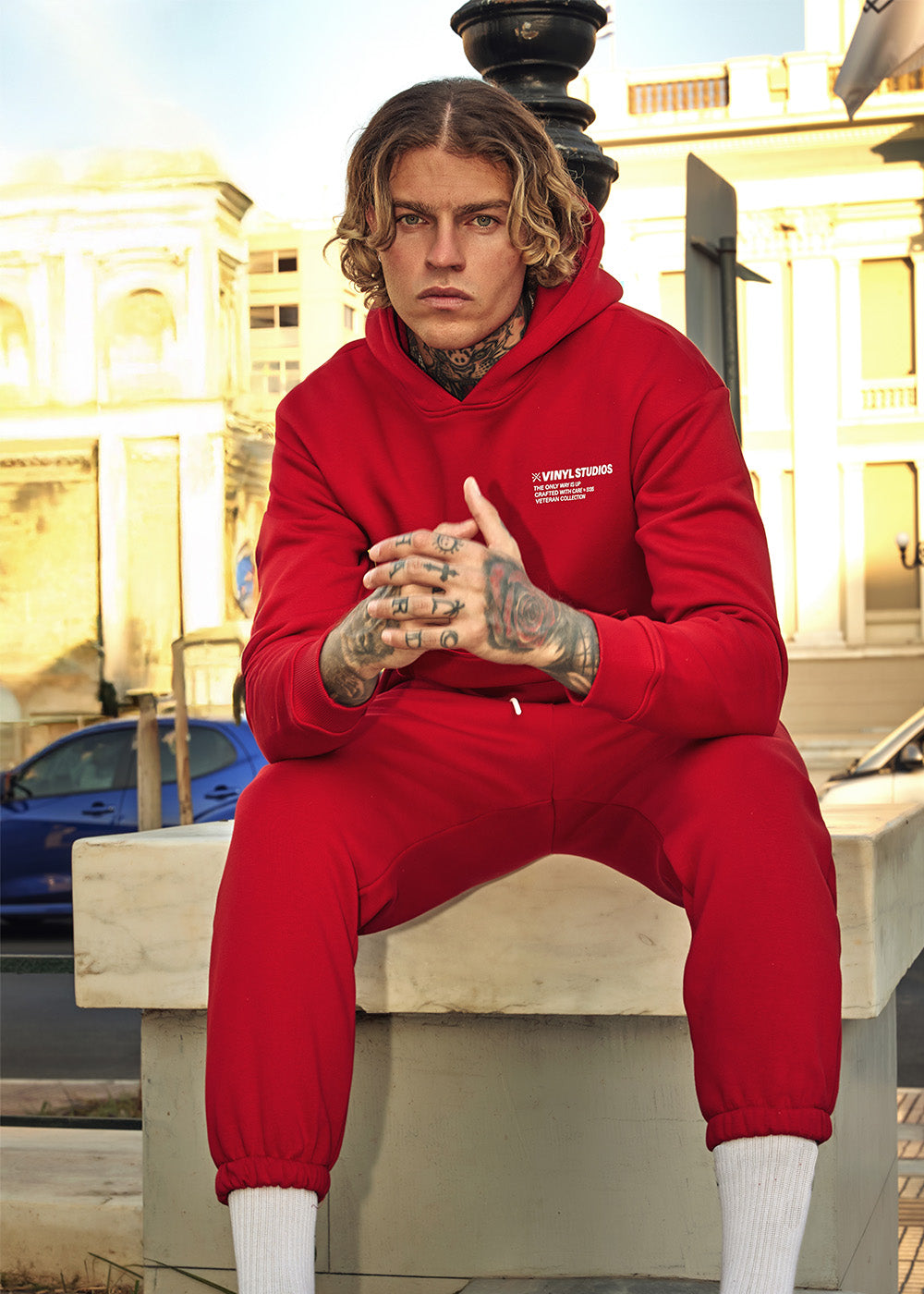 Vinyl φουτερ κοκκινο με τυπωμα cotton oversized - studios v legacy hoodie