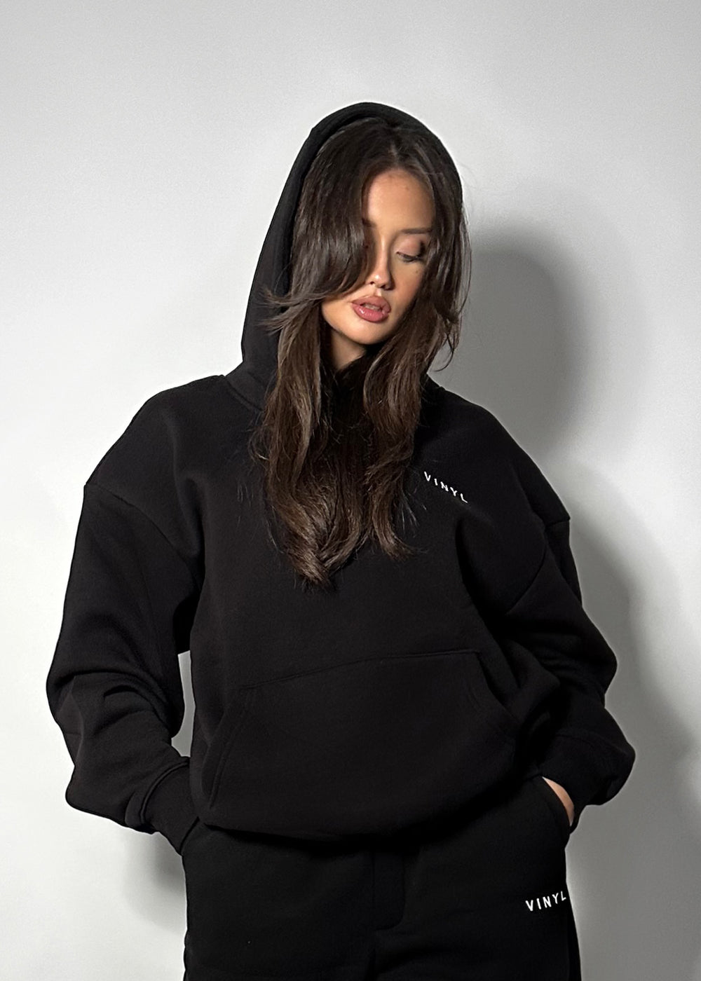 Vinyl φουτερ μαύρο με κεντημα cotton regular fit - needlecraft logo hoodie γυναικειο