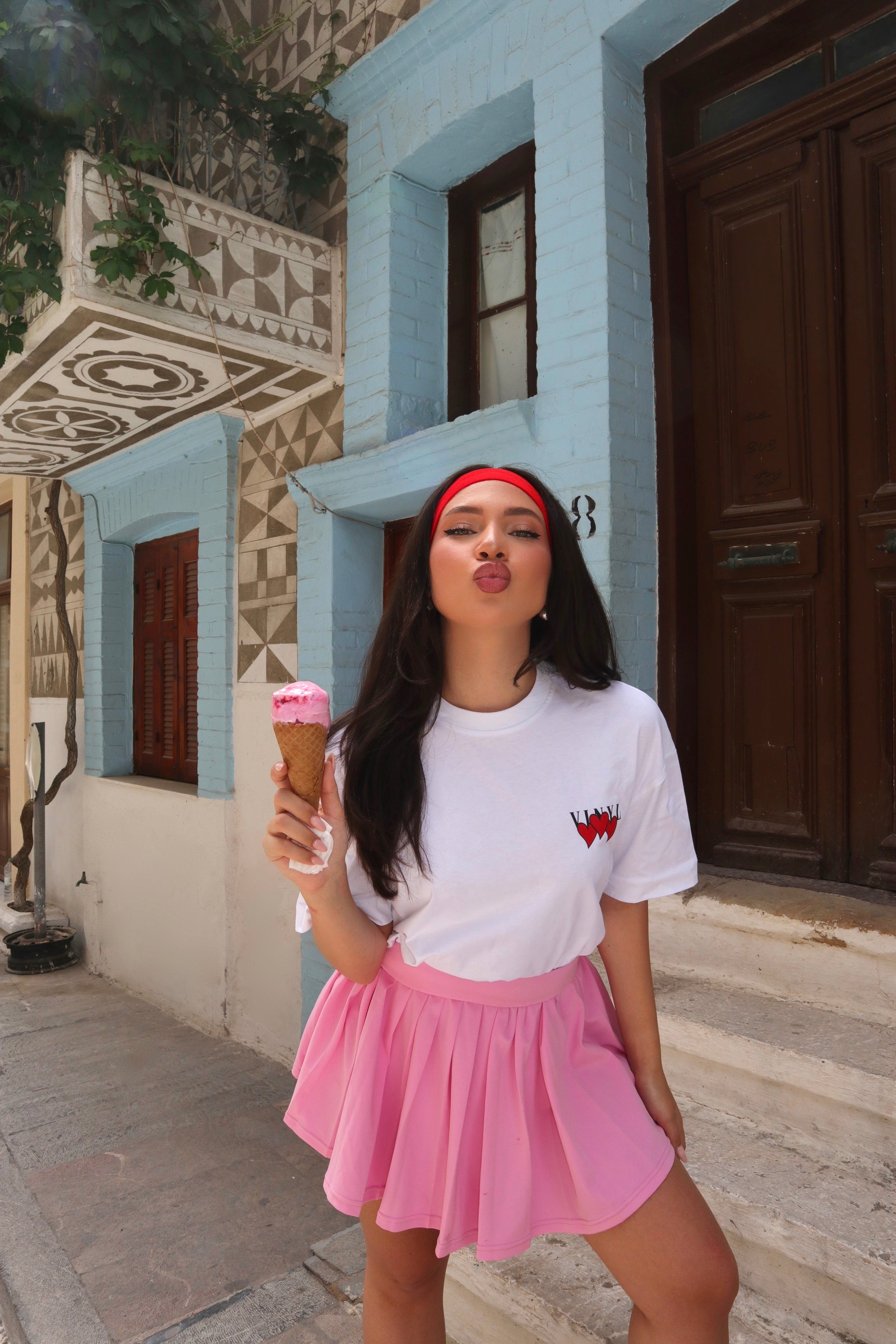 Vinyl μπλουζα με τυπωμα λευκη cotton oversized - heartbeat T-shirt
