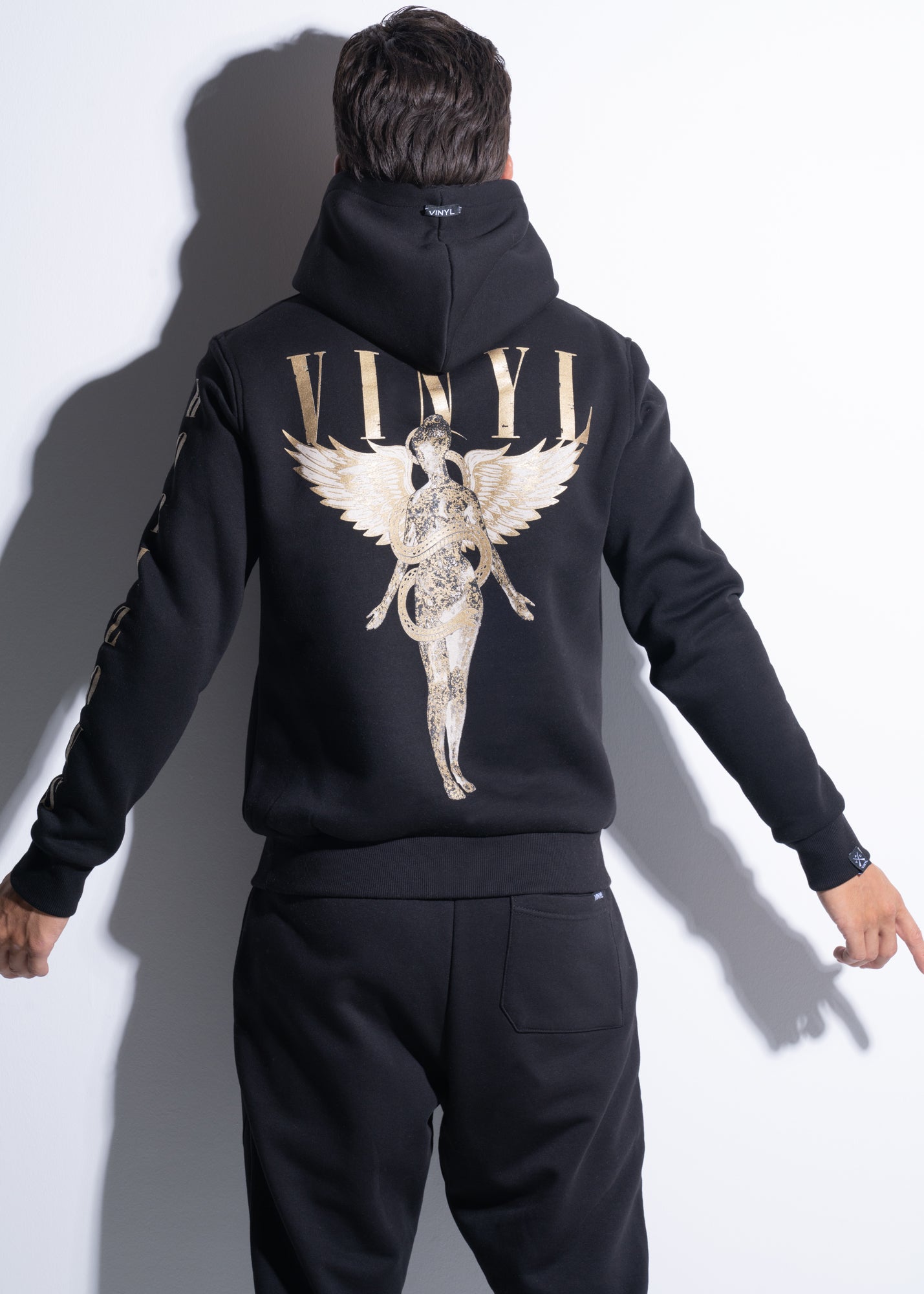 Vinyl φουτερ μαυρο με τυπωμα cotton regular fit - angel hoodie