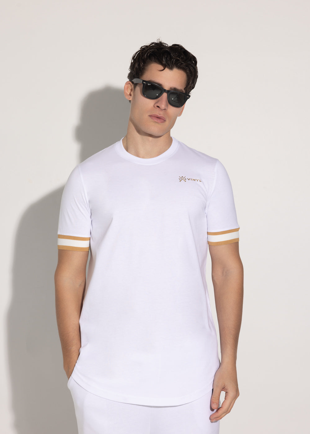 Vinyl μπλουζα με λαστιχο λευκη cotton long line regular fit - t-shirt with gold elastic cuff