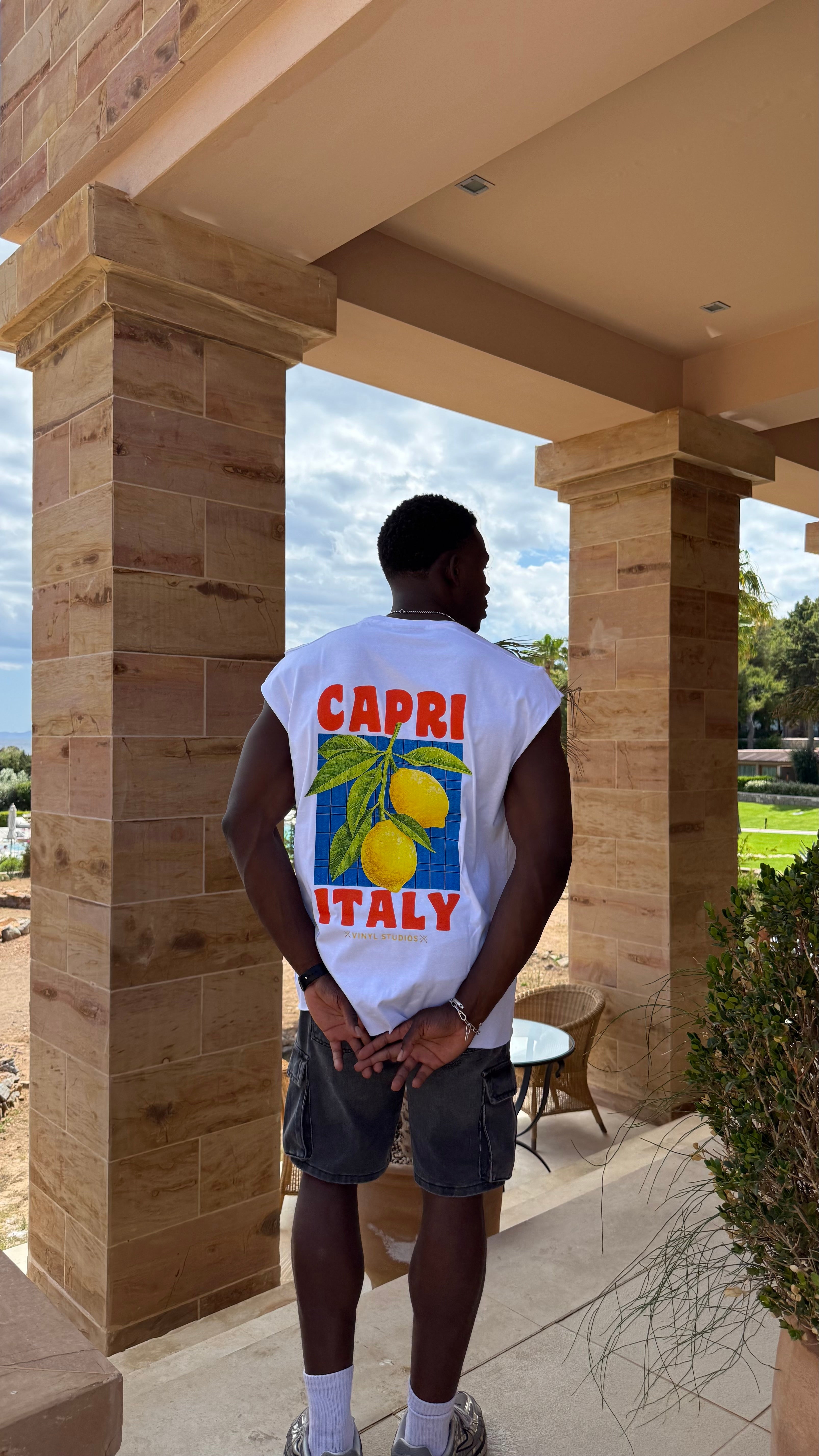 Vinyl sleeveless tee with logo white cotton oversized - vinyl sleeveless tee capri italy